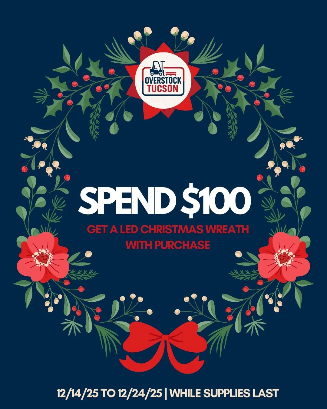 🎄✨ HOLIDAY DEAL ALERT at Overstock Tucson ✨🎄

It&rsquo;s the season for savings and festive cheer 🎅🎁
Spend $100 and receive a FREE LED pre lit Christmas wreath with every purchase 🎄💡

Perfect for your front door, mantle, or holiday d&eacute;cor