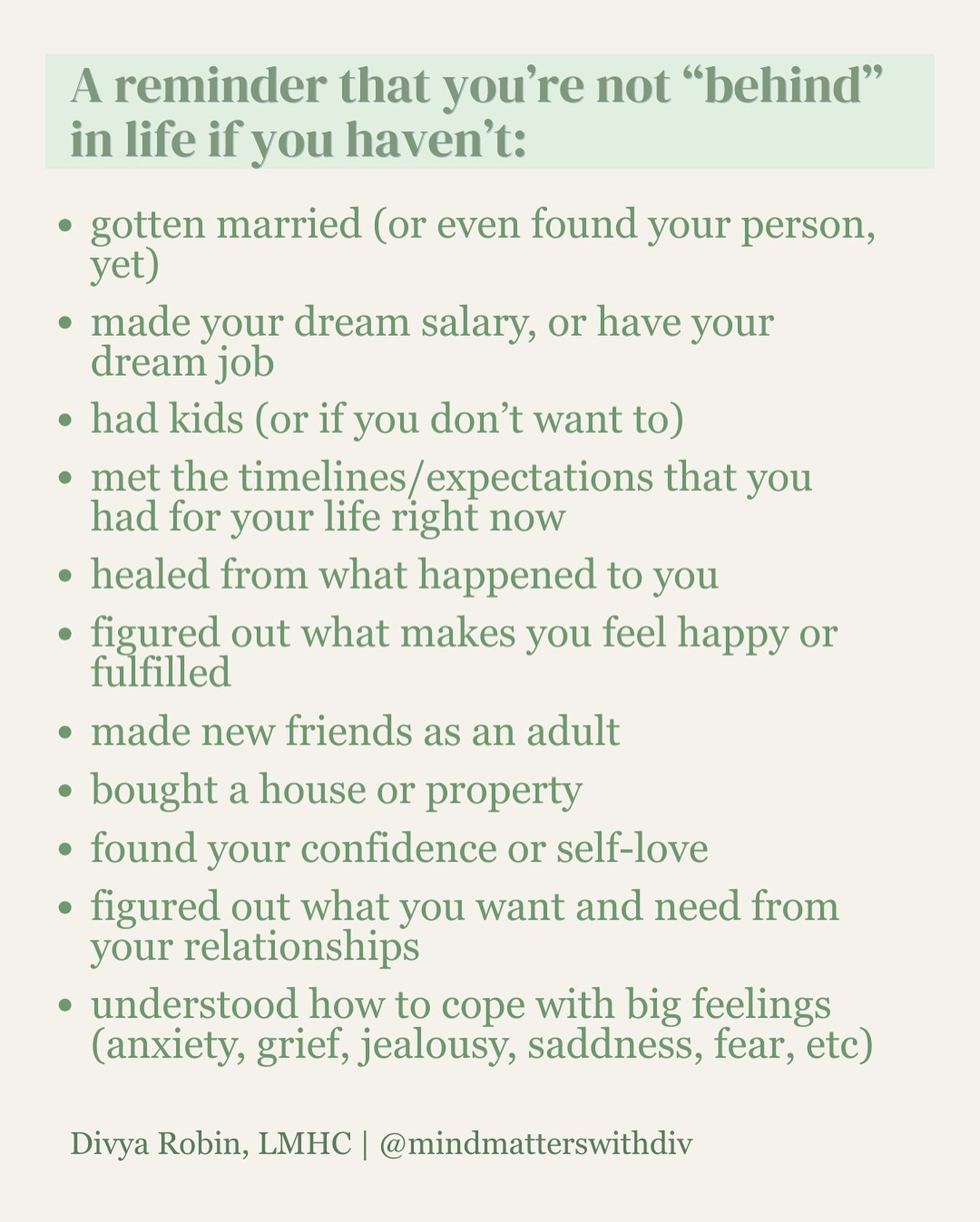 Many of us feel we are &ldquo;behind&rdquo; in our own way. Career, relationships, health, family, friendships &hellip; so many of us are holding silent insecurities. As a therapist, I hear these all the time.

&ldquo;I&rsquo;ve been a bridesmaid at 