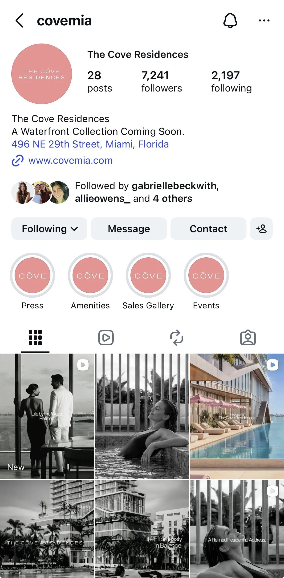 Instagram profile page for 'The Cove Residences' featuring a pink logo, location in Miami, Florida, and images of modern architecture, a pool, and people relaxing by the water.