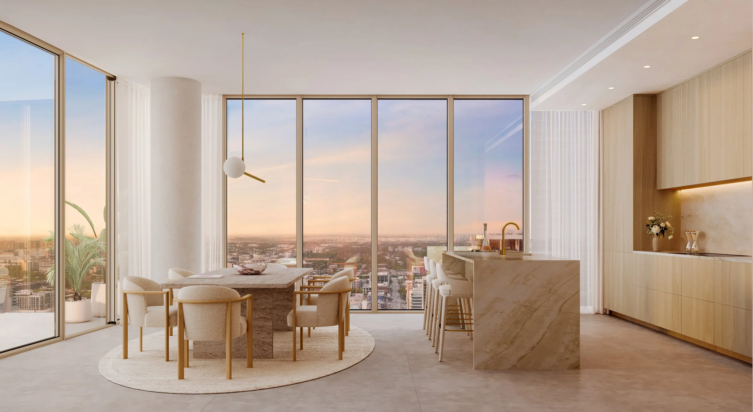 Modern high-rise apartment interior with a dining area and kitchen, large floor-to-ceiling windows showing a cityscape at sunset, minimalist decor, neutral color palette, with a round rug, dining table with six chairs, and a marble kitchen counter with barstools.
