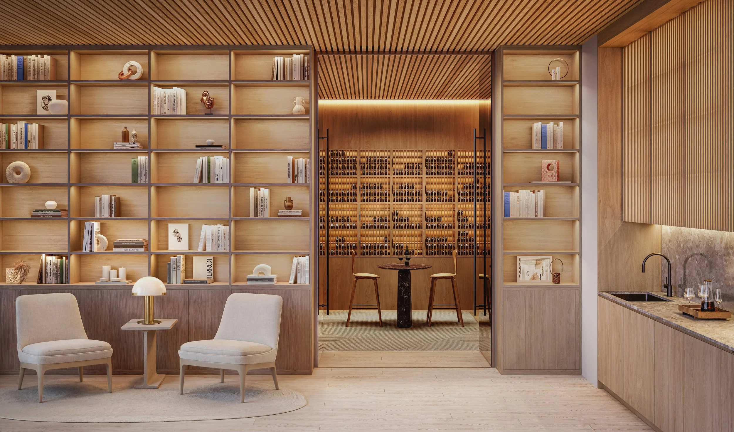 Modern interior with a wooden bookshelf, seating area, and wine storage room in the background.