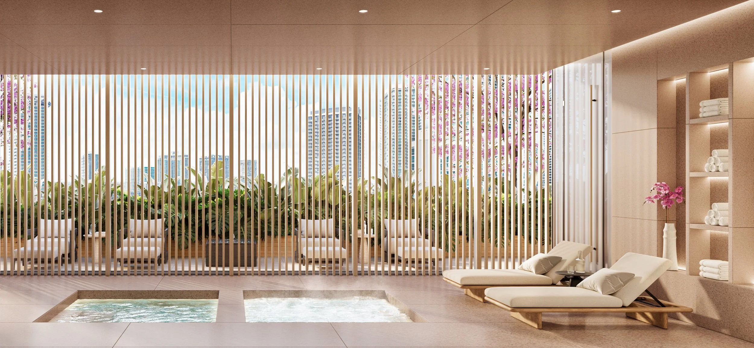 Indoor spa area with lounge chairs, small pool, and a view of a city skyline through wooden slat partitions with plants and blooming trees outside.
