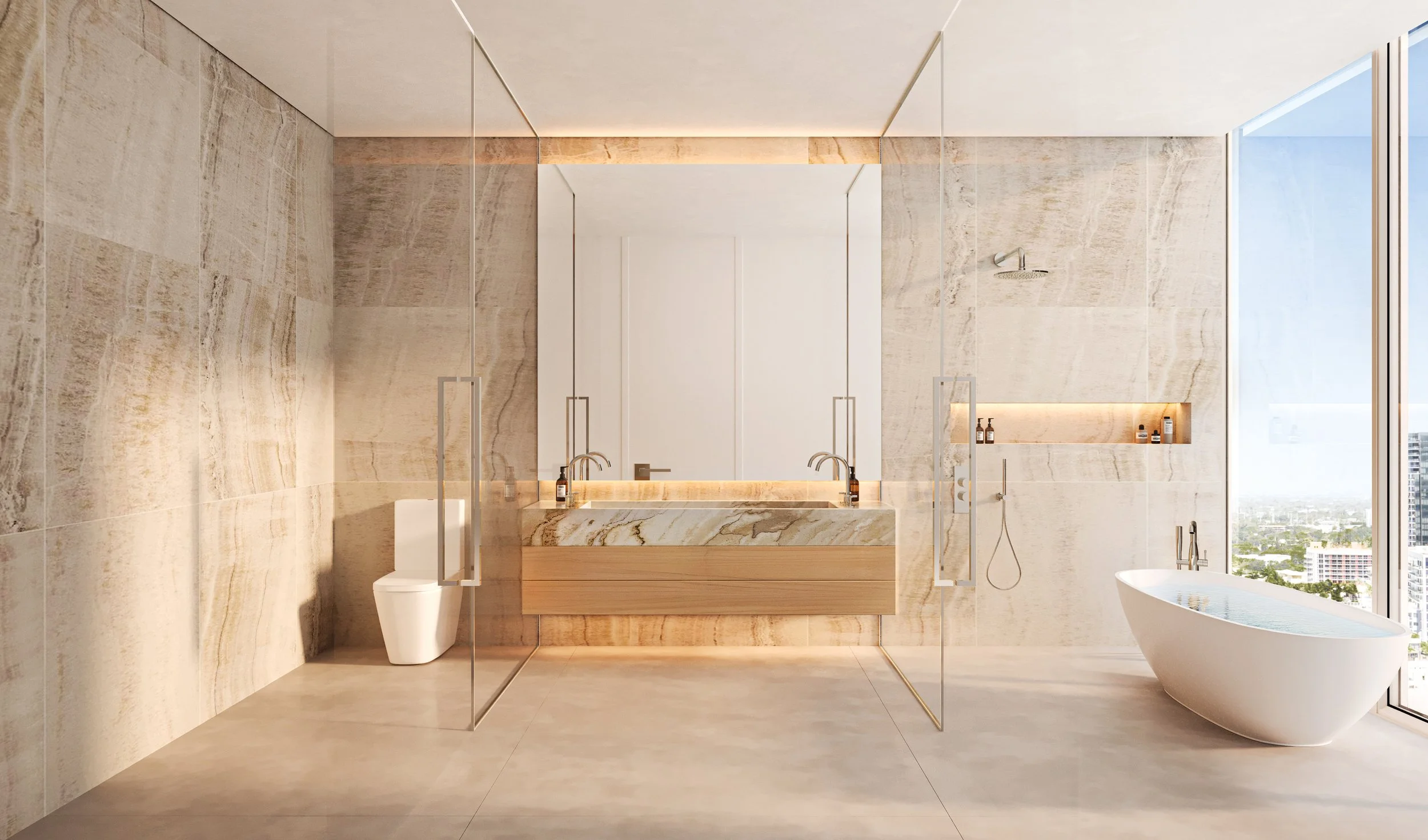 A modern bathroom with beige marble walls and floor, featuring a double vanity with a mirror, a toilet, a walk-in shower, and a freestanding bathtub near a large window.