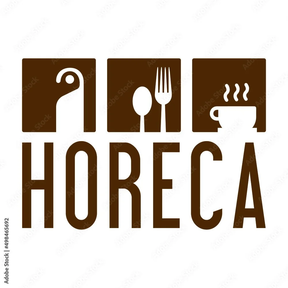 Logo for Horeca featuring icons of a bottle, fork, and steaming cup, with the text 'HORECA' beneath.