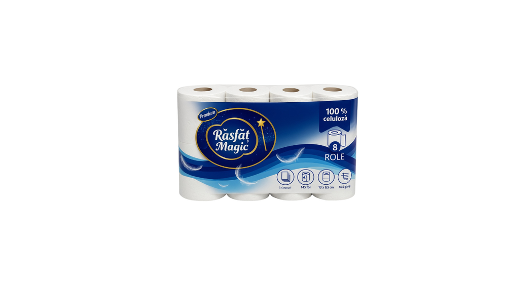 Hârtie igienică Răsfăț Magic 3 straturi, 145 foi, 8 role/set, alb