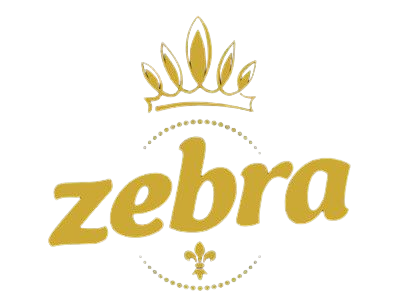 Black background with the gold word "zebra" and a decorative crown, fleur-de-lis, and dotted circle design.