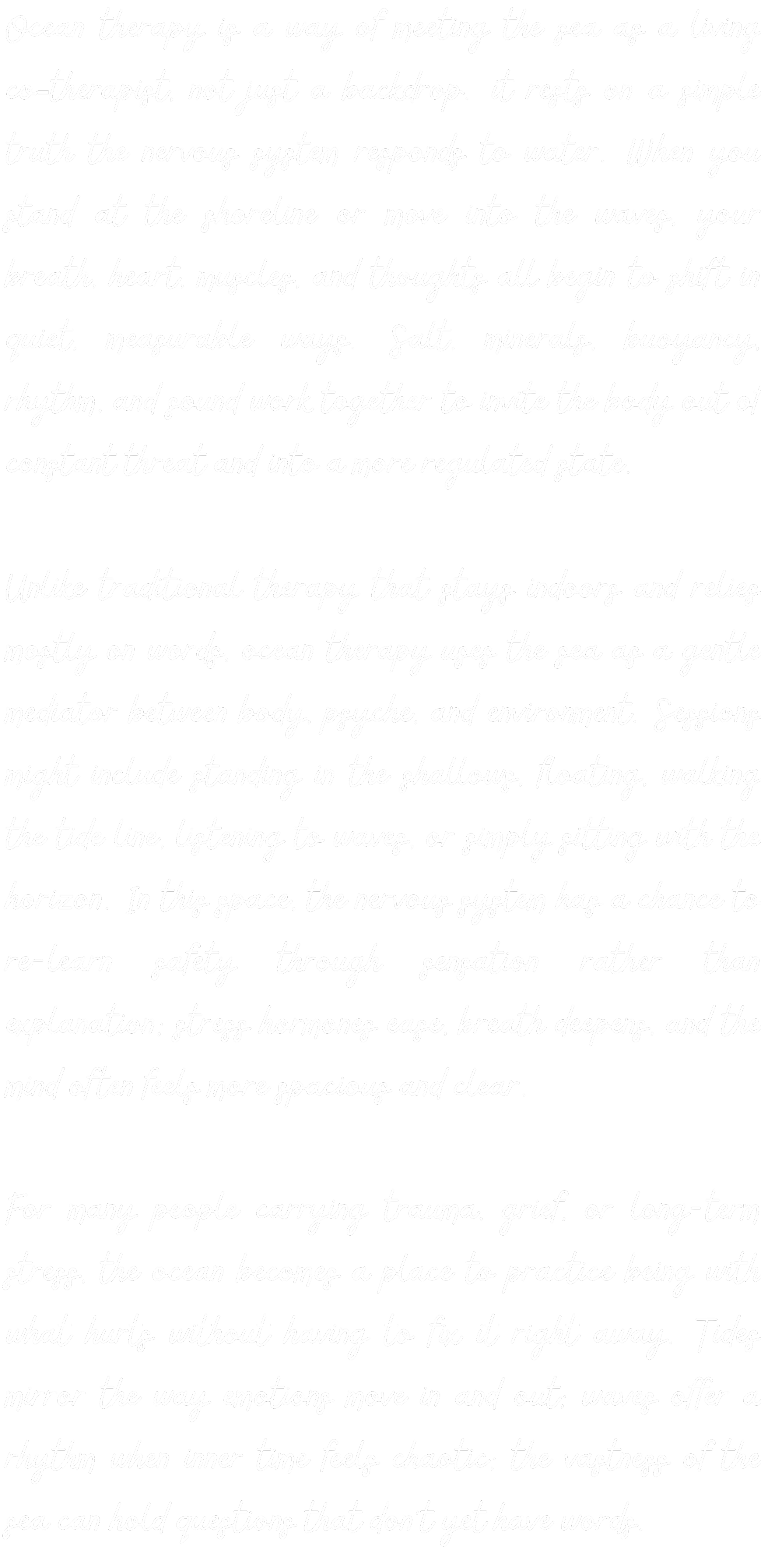 A handwritten text about ocean therapy and its benefits, emphasizing the connection between water, the nervous system, and emotional healing.