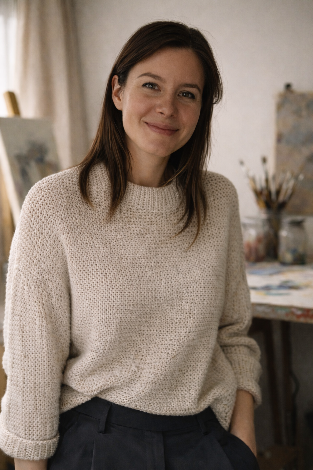 A young woman with brown hair smiling, wearing a beige knit sweater, standing in an art studio with paintings and brushes in the background.