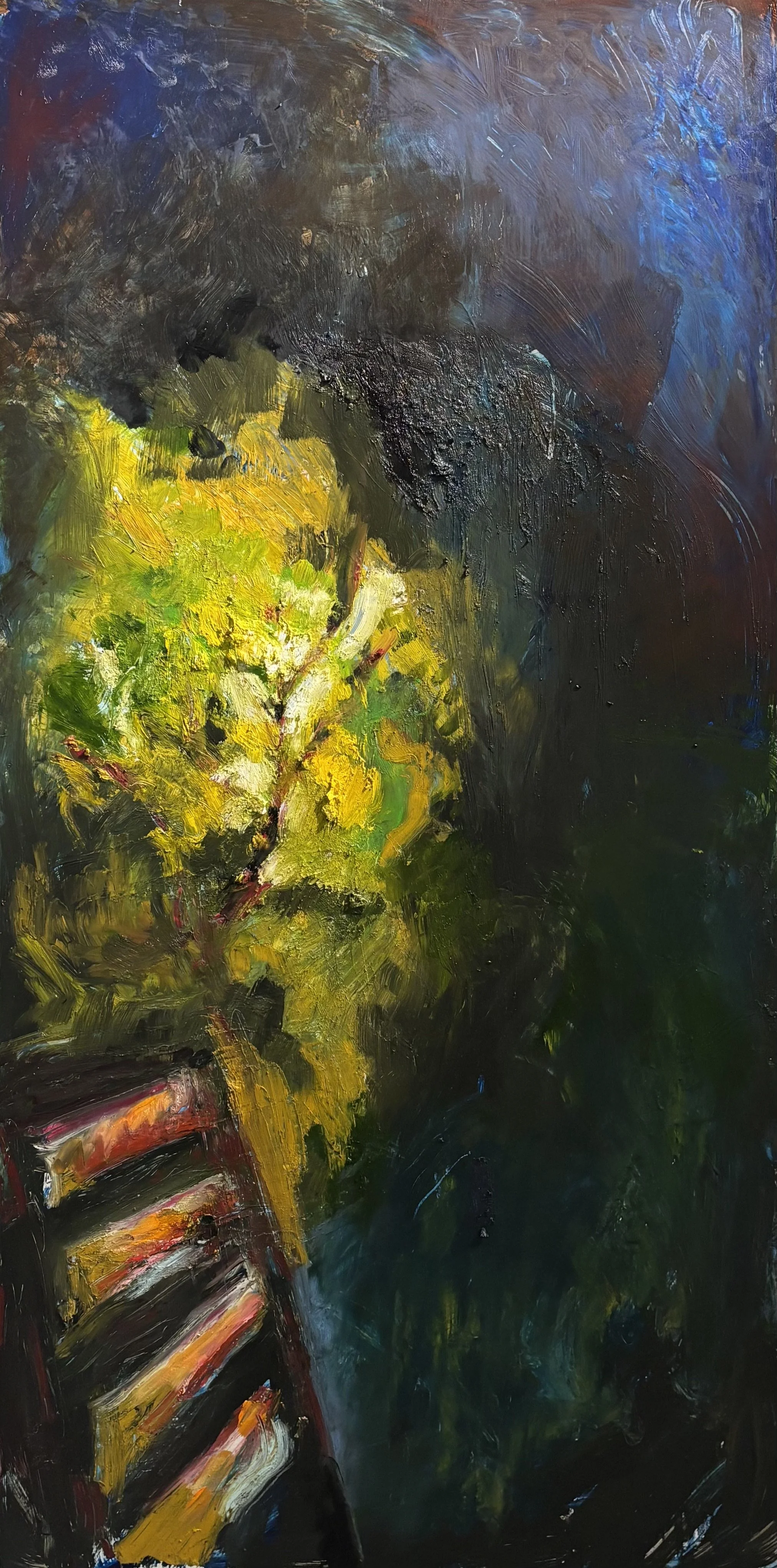 Title: There are no stars or moon. / There are no birds tonight, / no bugs no passers by. / Just a version of you / that you don’t know yet / who is already afraid. |
Medium: Oil paint and oil stick on aluminum panel |
Dimensions: 48 x 24 inches |
Ye