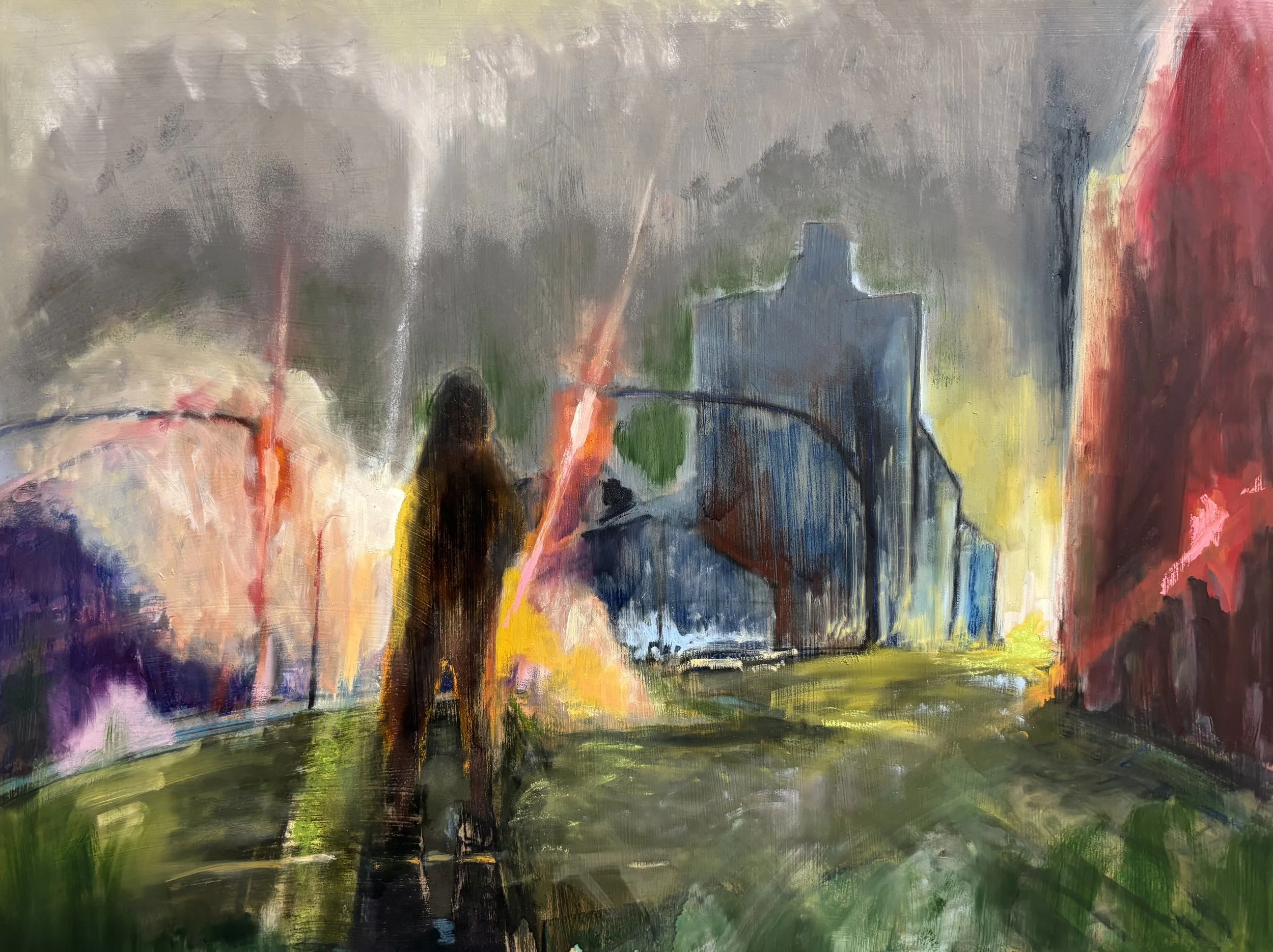 Title: 6th Ave Sunrise with Sewer Steam | Medium: Pastel, shellac and oil paint on panel | Dimensions: 36 x 48 inches | Year: 2026