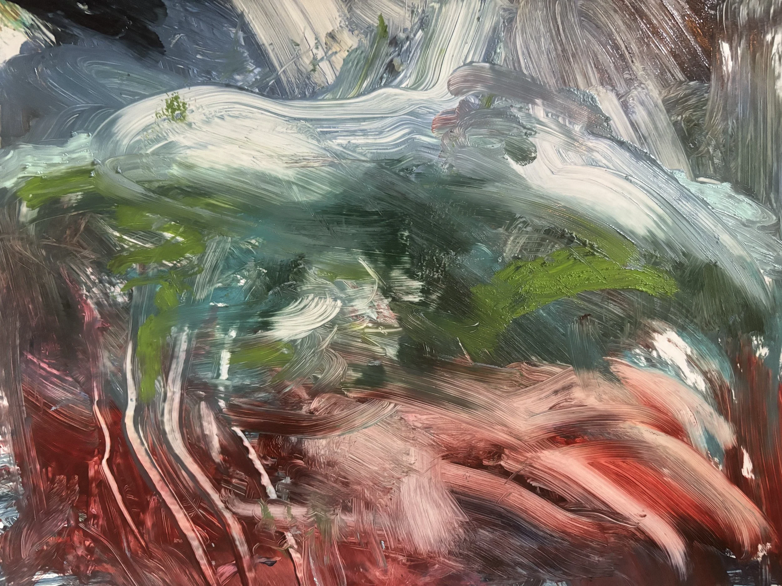 Title: I’m afraid of crowded places / but i take my fear with me into the woods  #2 |
Medium: Oil stick on yup mounted to panel |
Dimensions: 9 x 12 inches |
Year: 2024