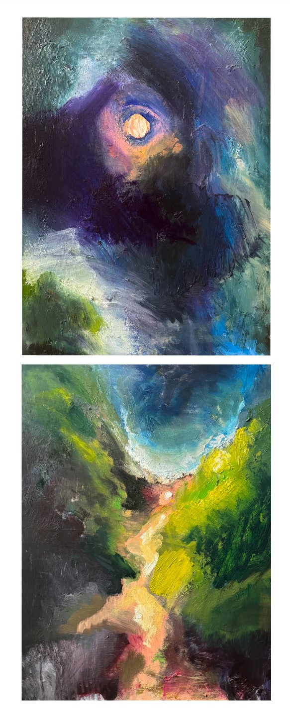 Title: The moon is a mirror | Medium: Oil stick and oil paint on two panels | Dimension: 50 x 18 inches (vertical diptych) | Year: 2026
