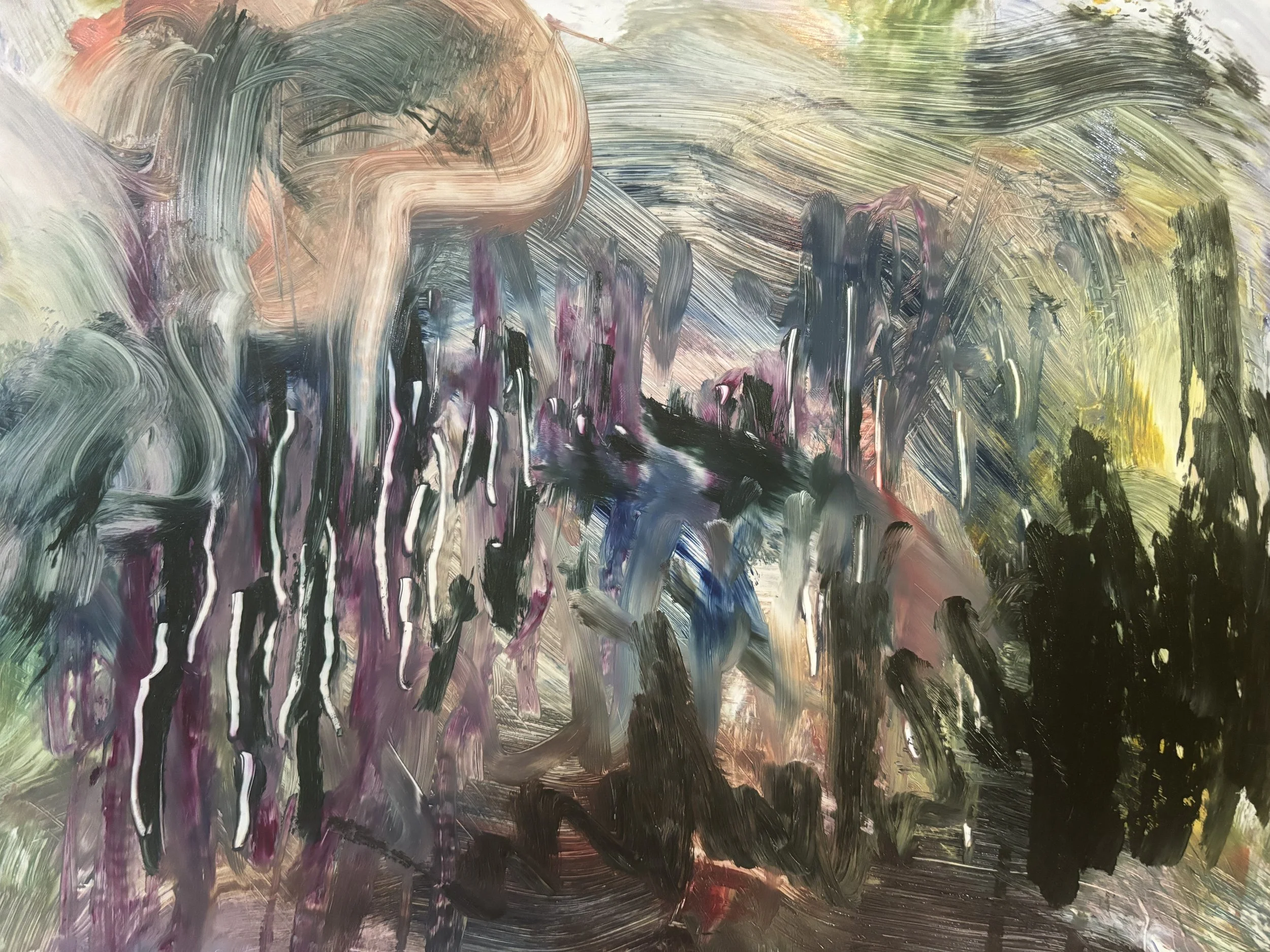 Title: I’m afraid of crowded places / but i take my fear with me into the woods  #3 |
Medium: Oil stick on yup mounted to panel |
Dimensions: 9 x 12 inches |
Year: 2024