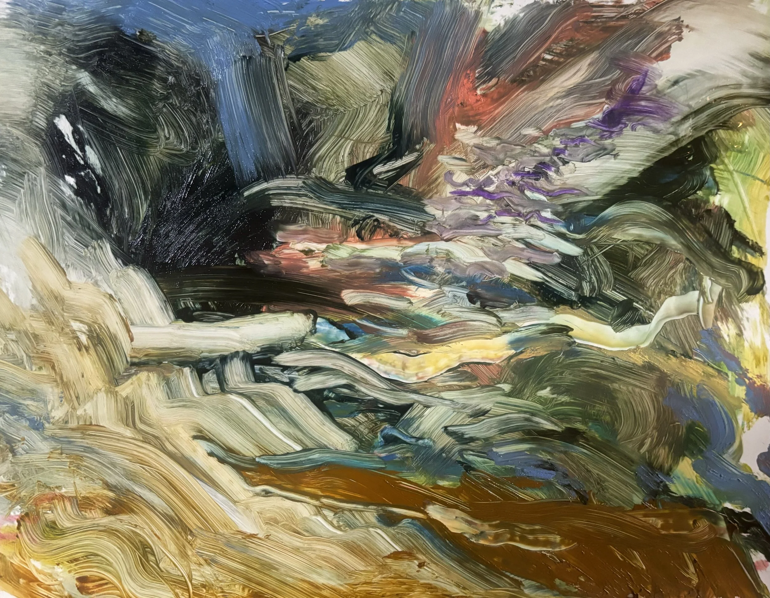 Title: I’m afraid of crowded places / but i take my fear with me into the woods  #1 |
Medium: Oil stick on yup mounted to panel |
Dimensions: 9 x 12 inches |
Year: 2024