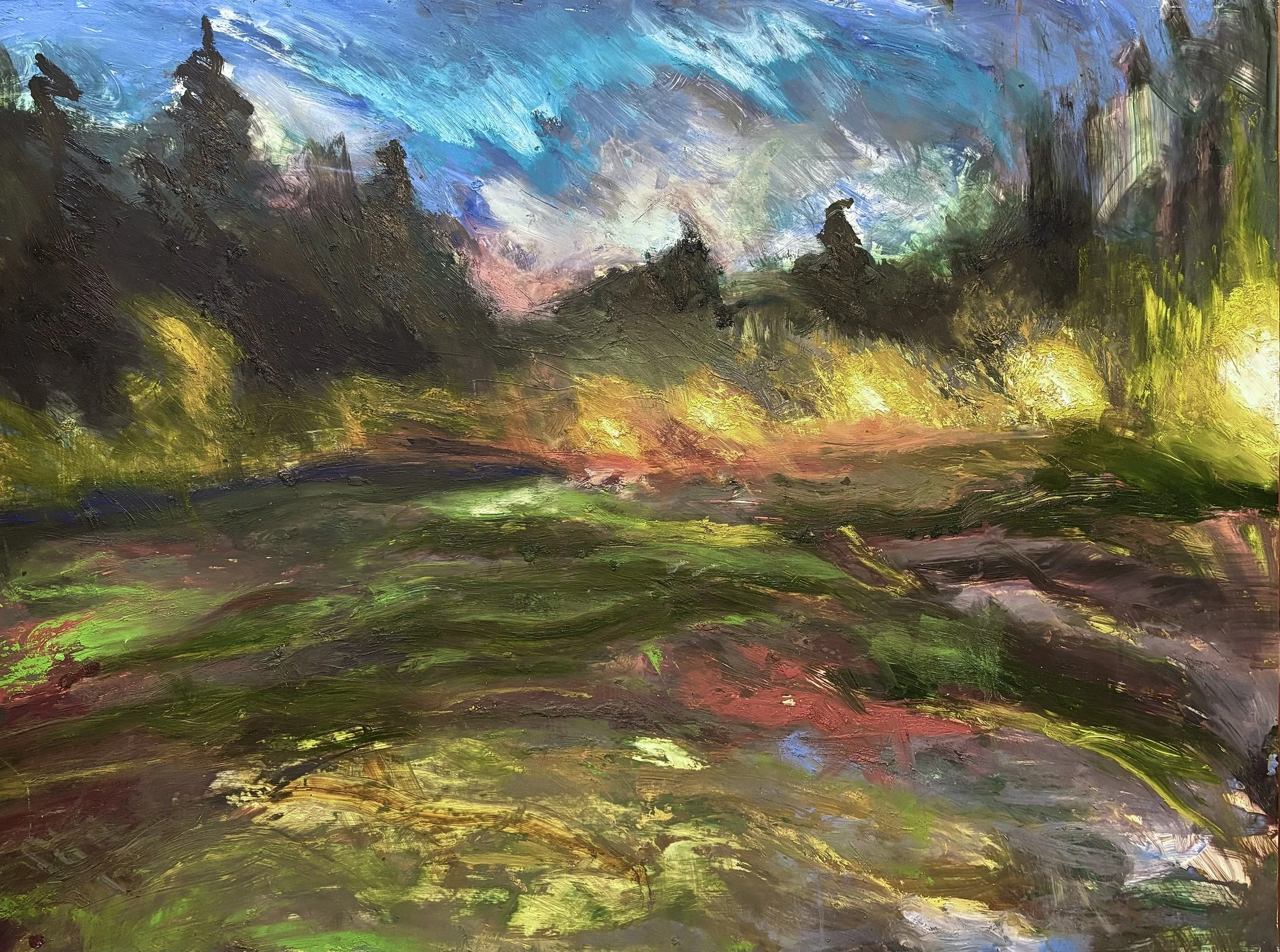 Title: He laid down one day and wished he could disappear. |
Medium: Oil stick on yupo mounted to canvas |
Dimensions: 30 x 40 inches |
Year: 2025