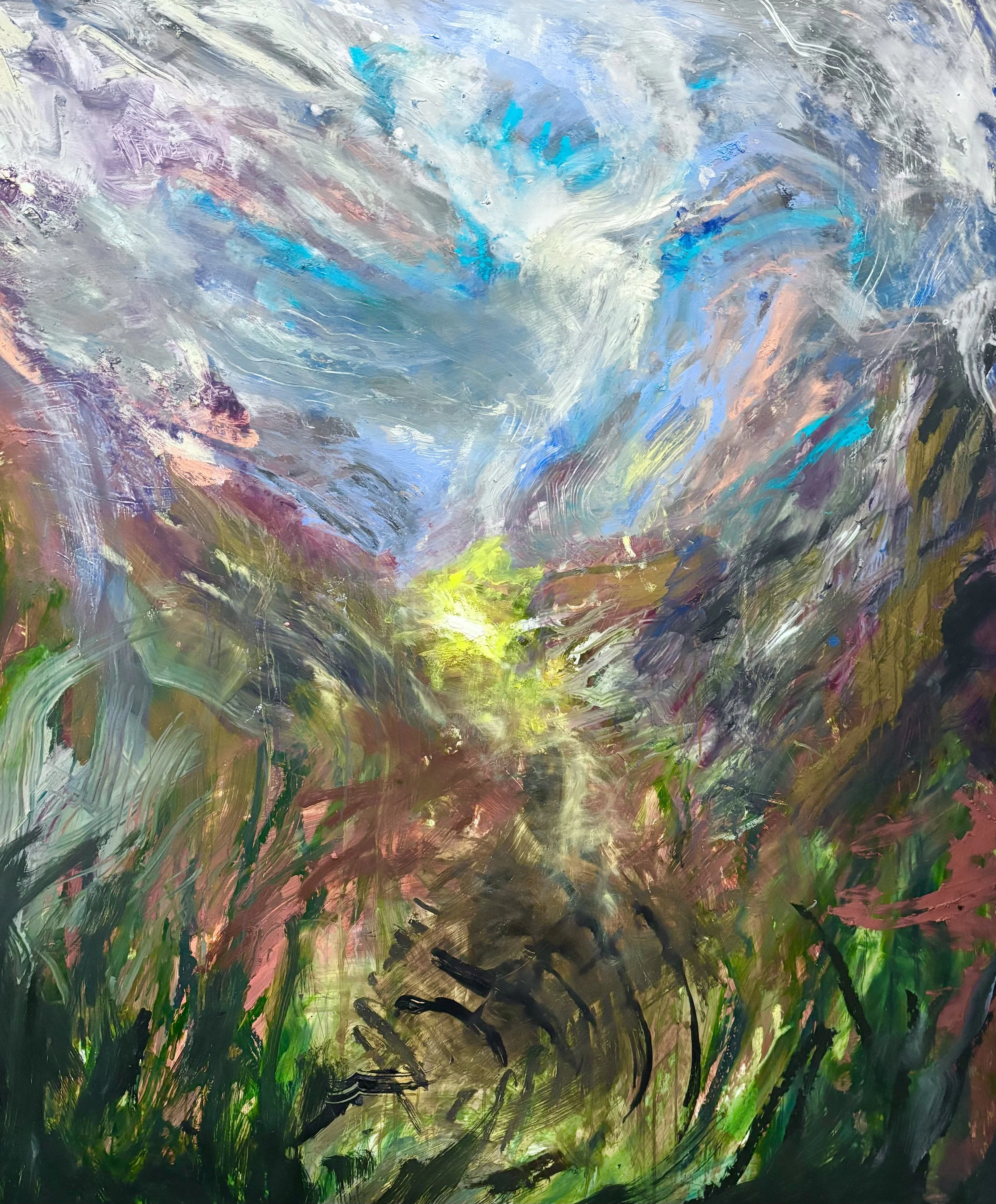 Title: The ground will keep my secrets but the sky will free me from them 
|
Medium: Oil stick on yupo |
Dimensions: 60 x 48 inches |
Year: 2024