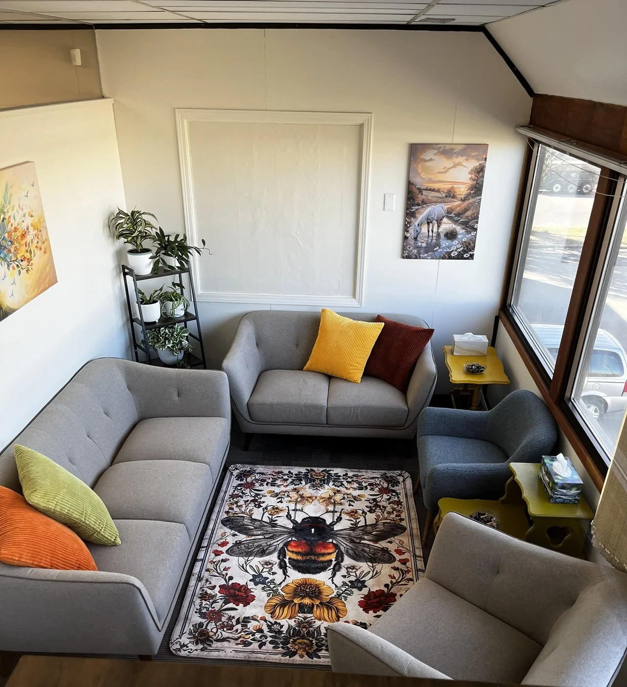 The whole room, including the long couch, loveseat, rug and two chairs, viewed from above.