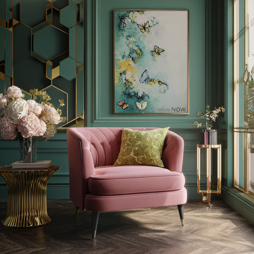 A living room corner with a pink velvet armchair, green cushion, flower arrangement on gold side table, and wall art with butterflies and the words 'NOW' and 'SURRENDER'.