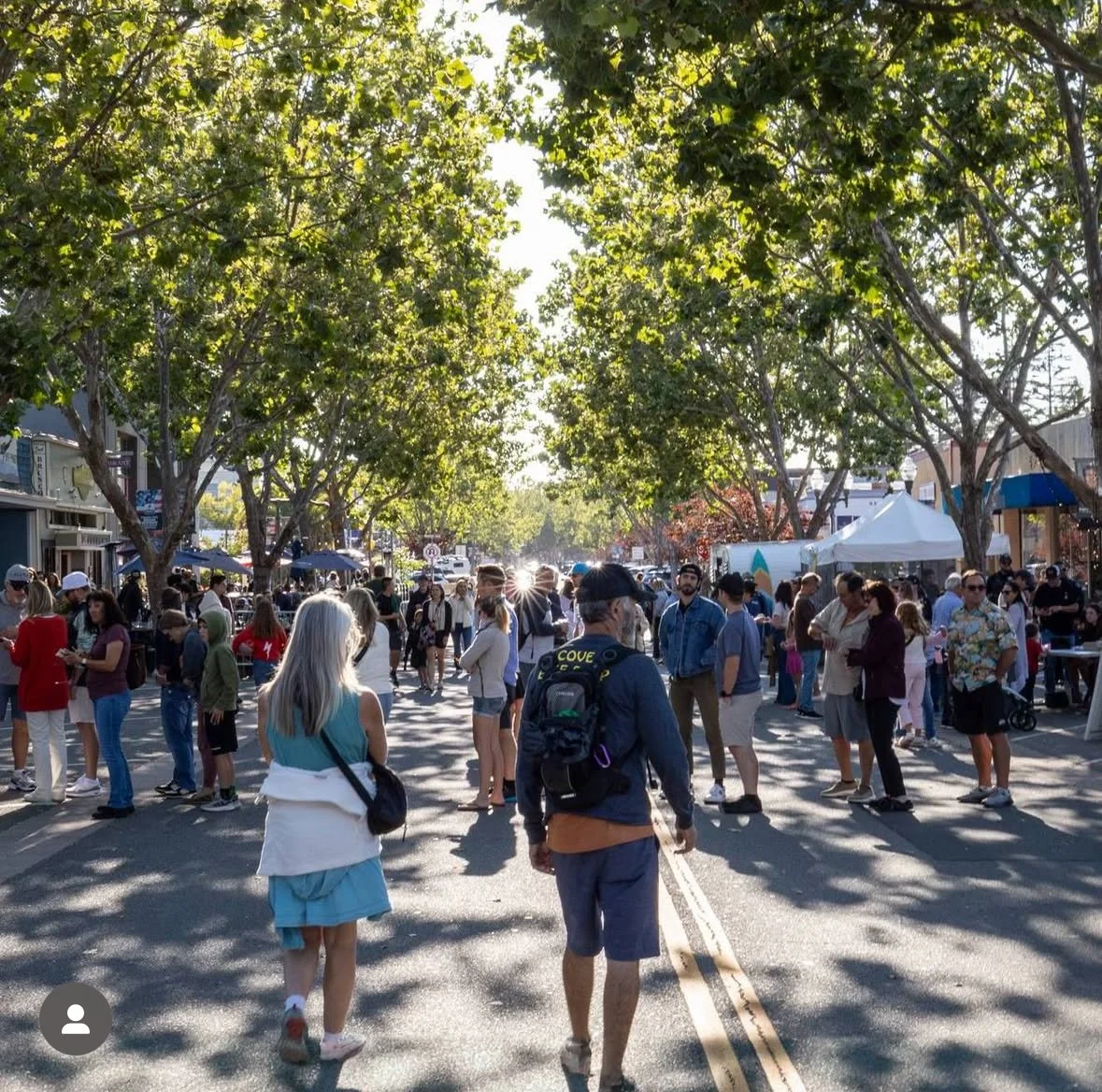 People walking and socializing on a shaded city street with trees, storefronts, and tents, at a street fair/outdoor market, in Downtown Novato California.