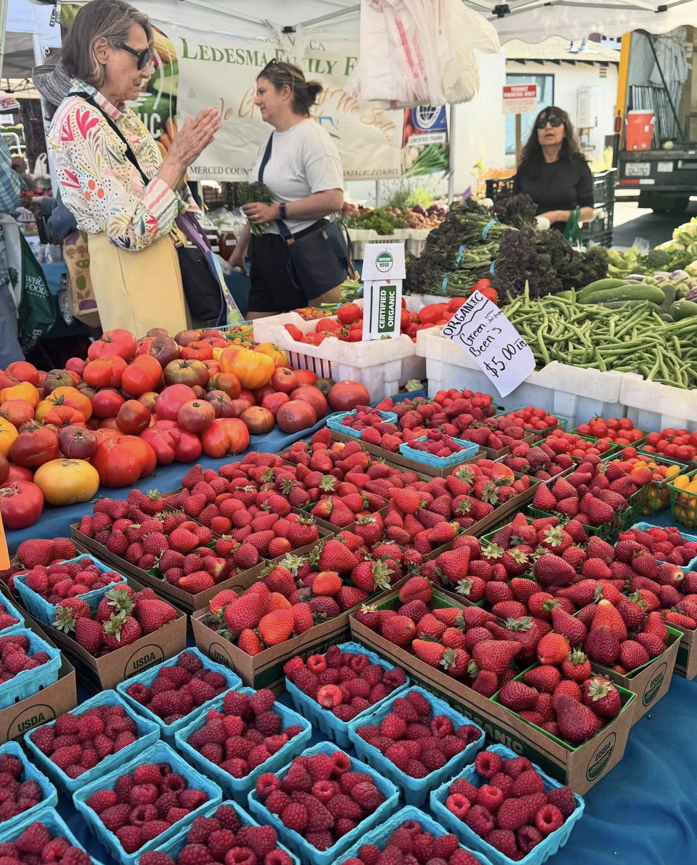 A variety of fresh strawberries, tomatoes, and other vegetables at an outdoor farmers market stand in Downtown Novato California.
