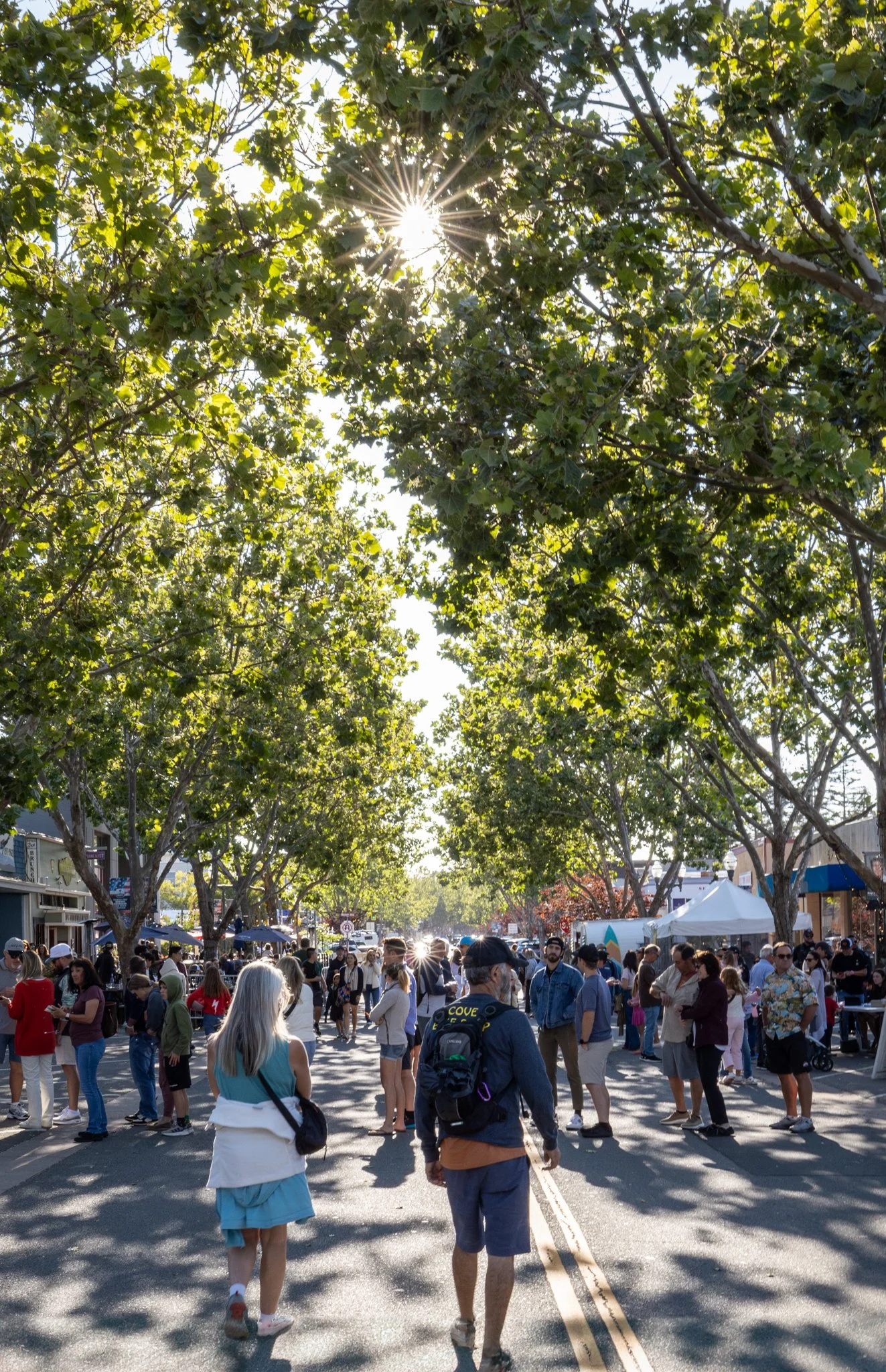 People walking down Grant Ave in Novato California lined with trees and small shops at an outdoor event or market, with the sun shining through the leaves.