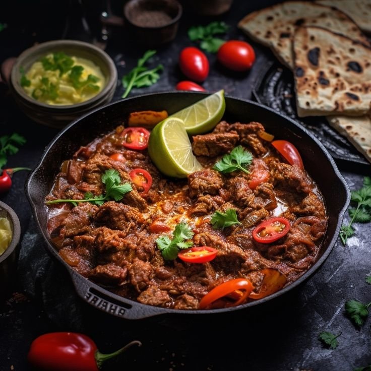 Indian beef curry garnished with cilantro, lime wedges, and sliced red chili peppers, with naan bread and small bowls of green chutney in the background.