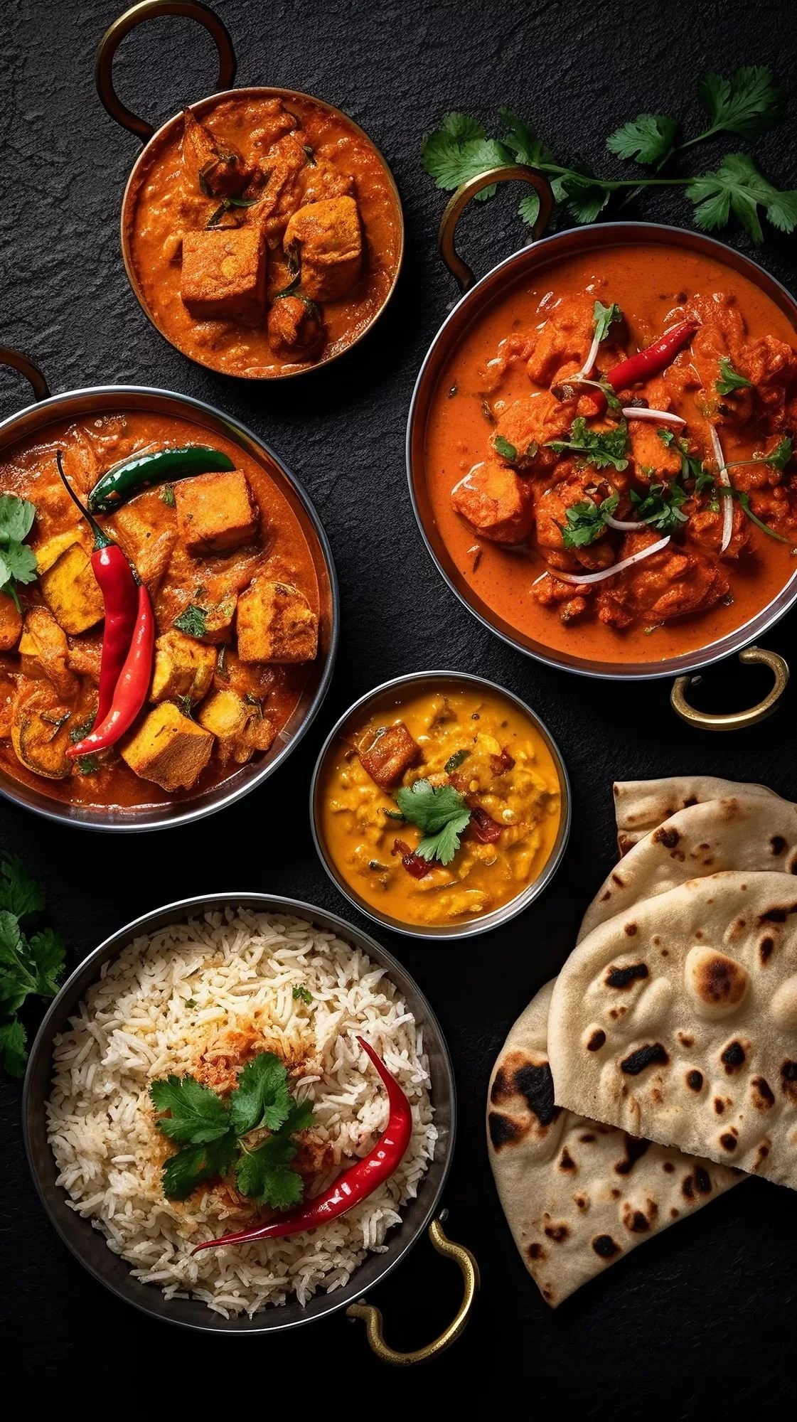 An assortment of Indian dishes including various curries, rice, naan bread, garnished with cilantro and chili peppers.