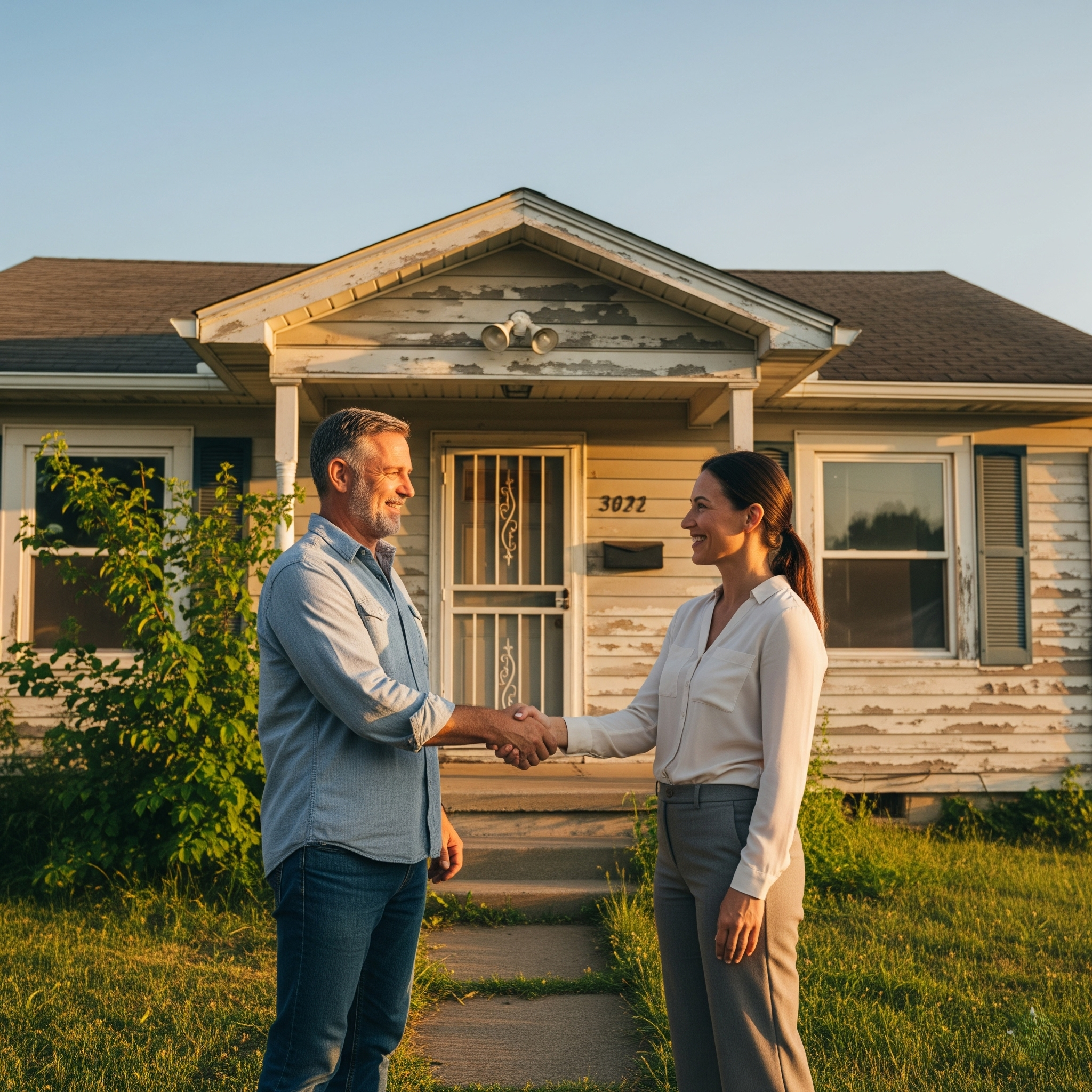 A man and woman shaking hands in front of a weathered house during sunset, smiling at each other.