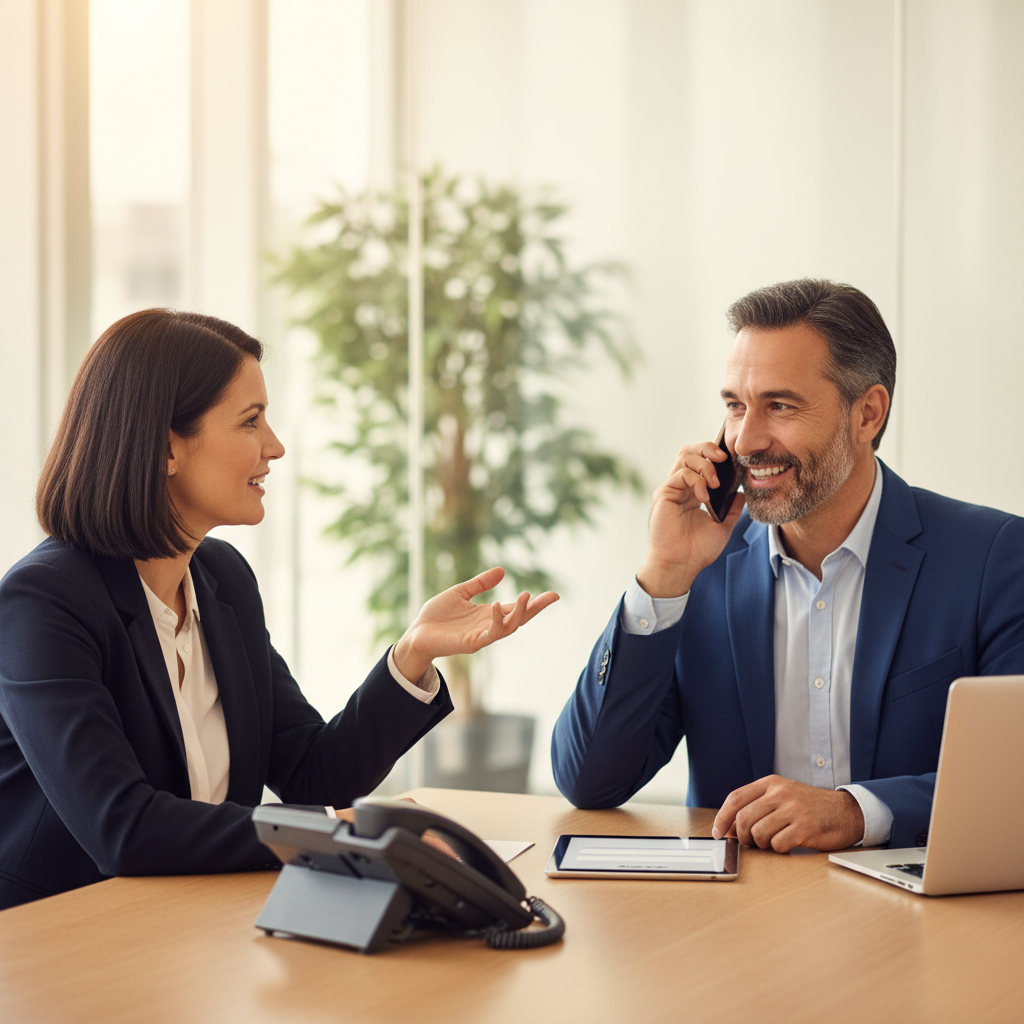 Two business professionals, a woman and a man, engaging in a conversation in a modern office. The woman is speaking and gesturing with her hand, while the man is smiling and holding a phone to his ear. A laptop, tablet, and office phone are on the desk.