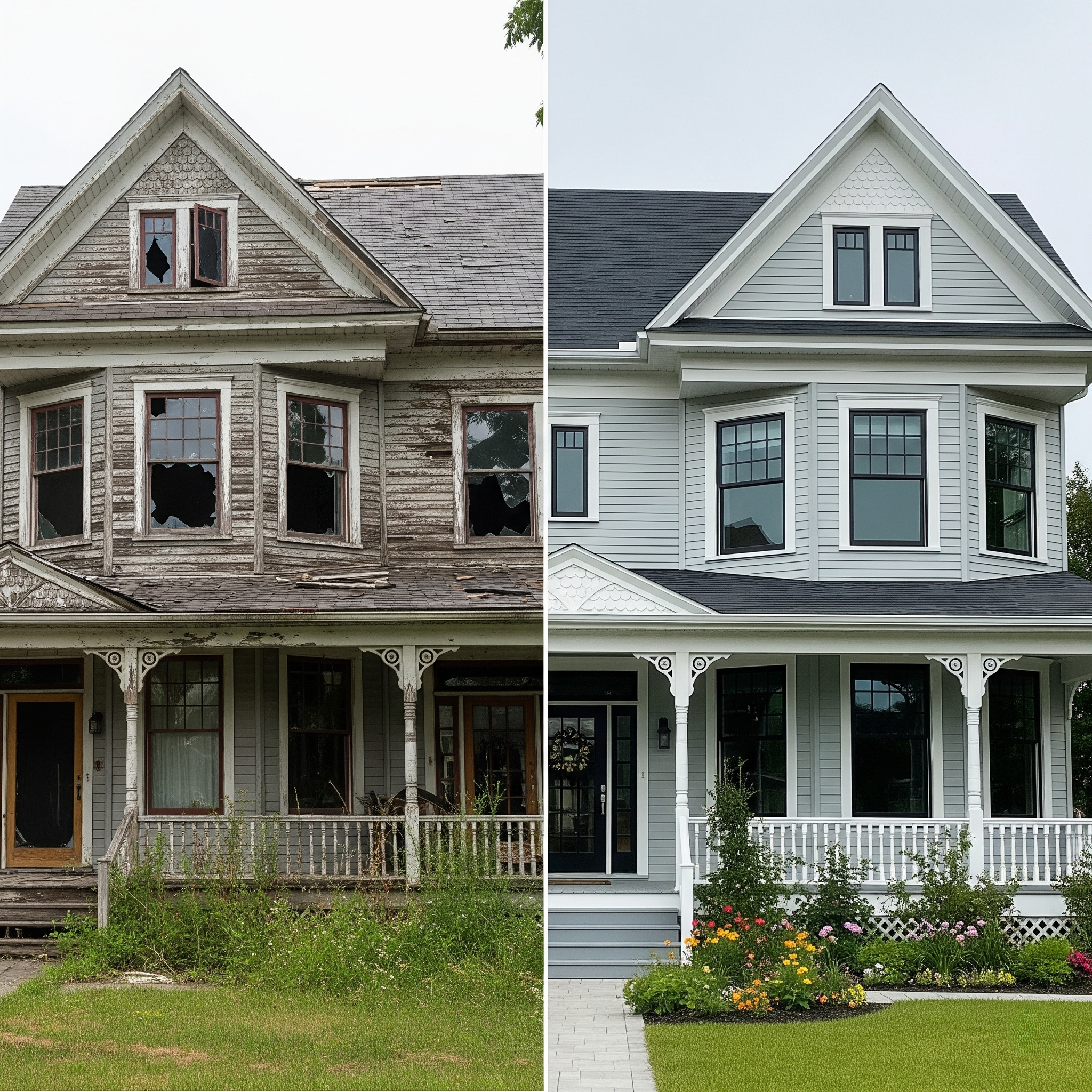 Before and after comparison of a house; the left shows an old, dilapidated house with peeling paint, broken windows, a sagging porch, and overgrown grass; the right shows the renovated house with fresh paint, new windows, and a landscaped yard.