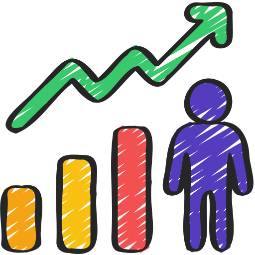 Illustration of a person standing next to a bar chart showing upward growth with a line graph overlaid.