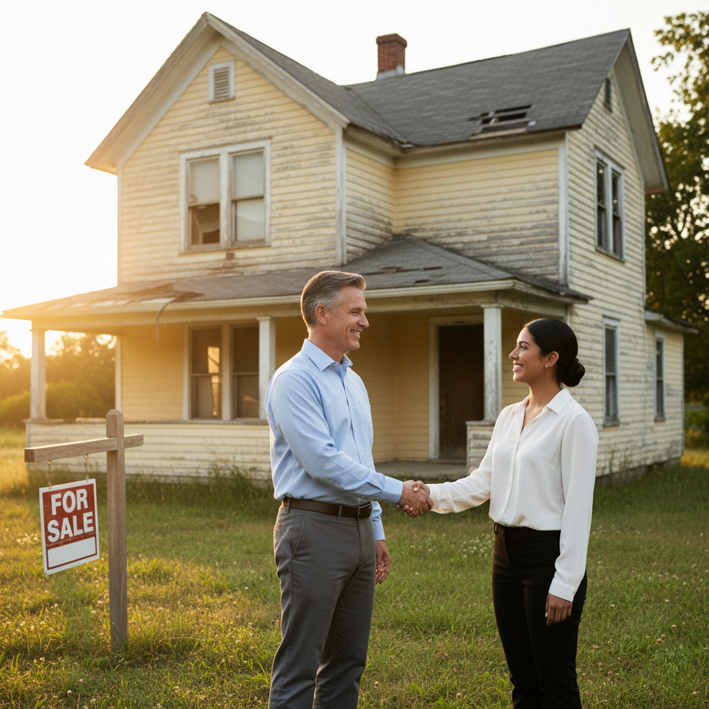A man and a woman shaking hands in front of a house with a "For Sale" sign in the yard. The house appears old and weathered, with a two-story structure and a porch. The sun is setting in the background.