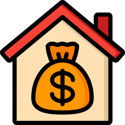 Illustration of a house with a money bag inside, symbolizing real estate or property investment.
