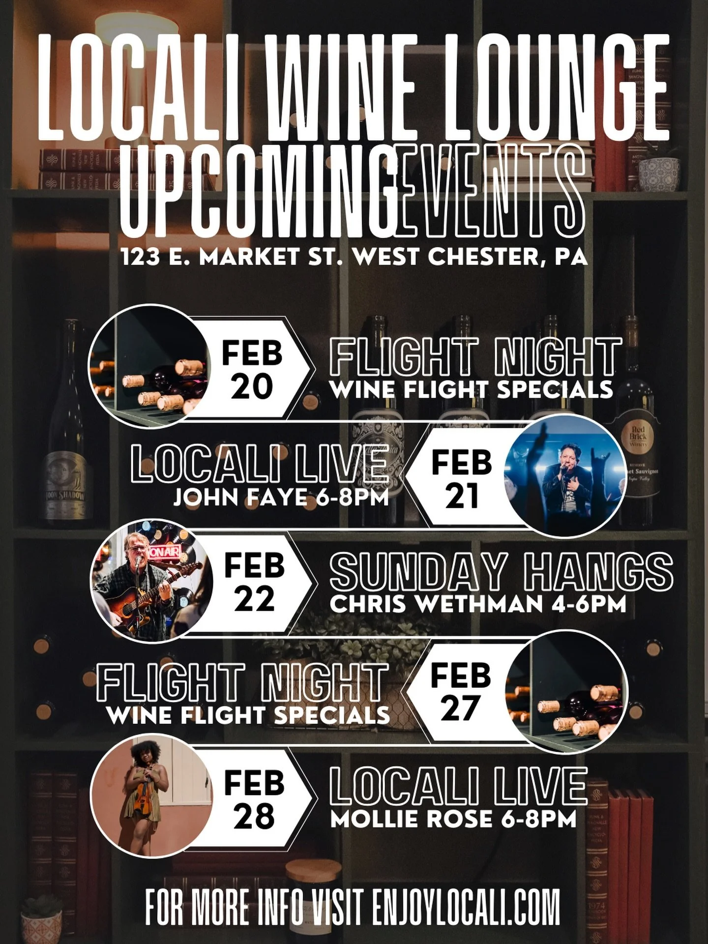 We have a great calendar of events coming up so you can #EnjoylLocali! We kick off the weekend with Flight Night on Friday 6-9PM - come join us for wine tasting flights and to-go bottle specials! Saturday night is #LoCaliLive featuring @johnkimfaye p