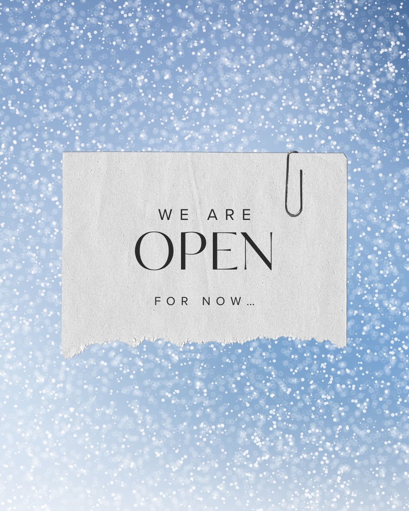 Snow is coming&hellip;but the wine is still flowing (for now).

We&rsquo;re open today, but planning to close early when the snow rolls in.

Our scheduled Sunday Hangs live music session will be rescheduled, and we&rsquo;ll share the new date soon.

