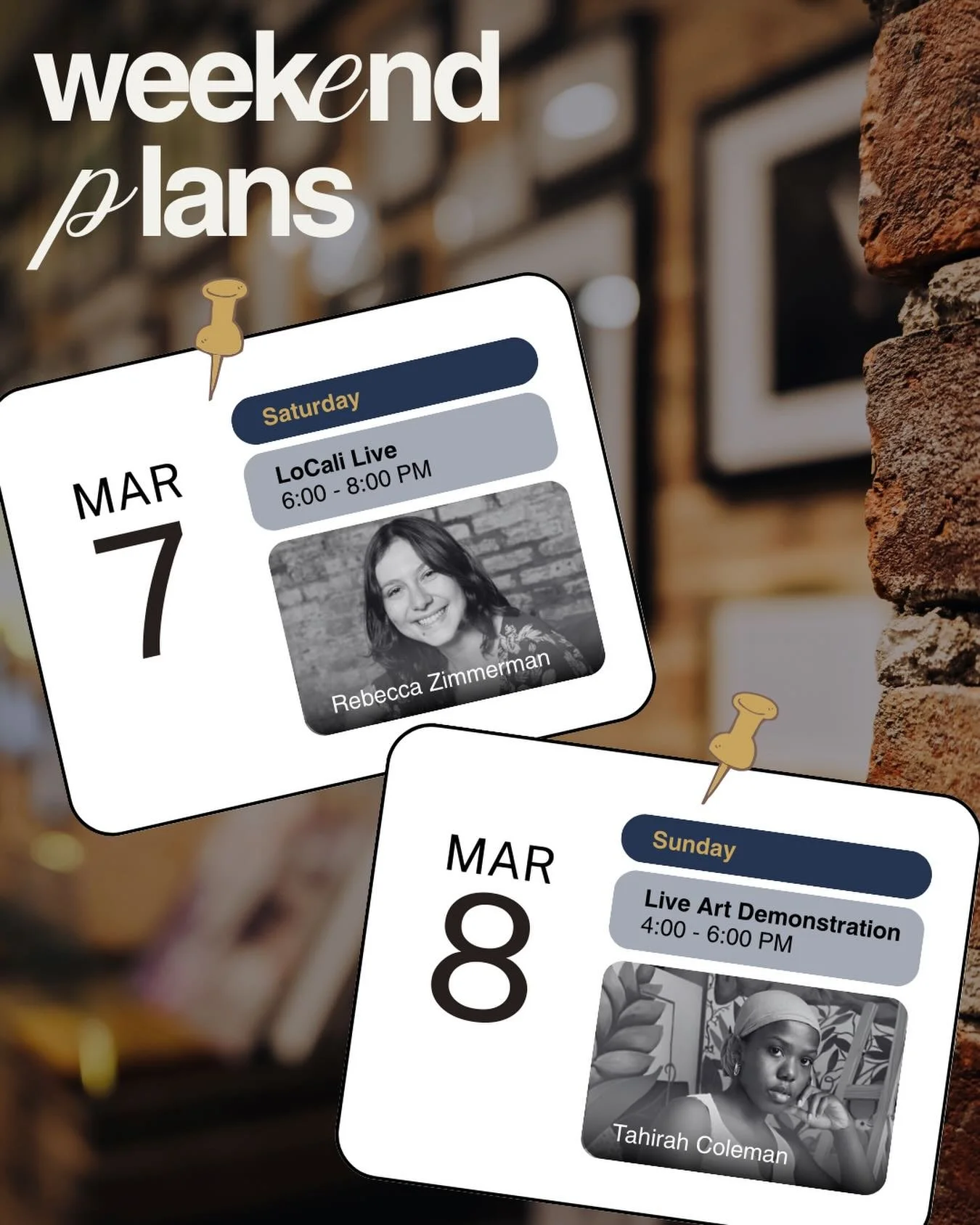 WEEKEND PLANS AT LOCALI

We&rsquo;ve got a full weekend lined up.

Live music tonight from 6-8pm with @rebeccazimmermanmusic setting the vibe. Live art demonstration tomorrow from 4-6pm with our current Artist in Residence, @musestudios.art bringing 