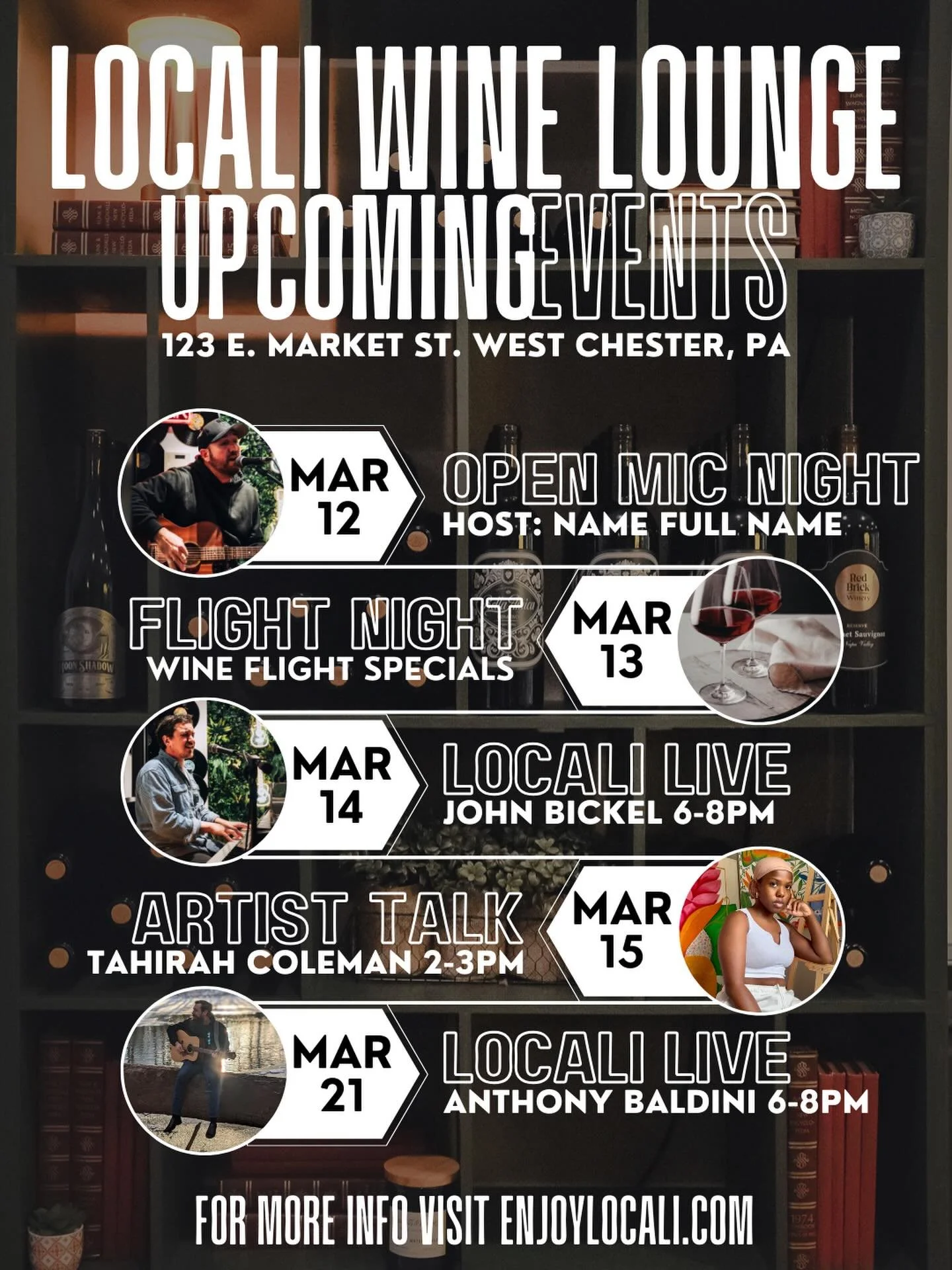Something&rsquo;s always happening at LoCali. 

We&rsquo;ve got a stacked lineup over the next couple weeks - music, art, wine flights, and more. 

Mar 12 &ndash; Open Mic Night
Mar 13 &ndash; Flight Night (wine flight specials)
Mar 14 &ndash; LoCali