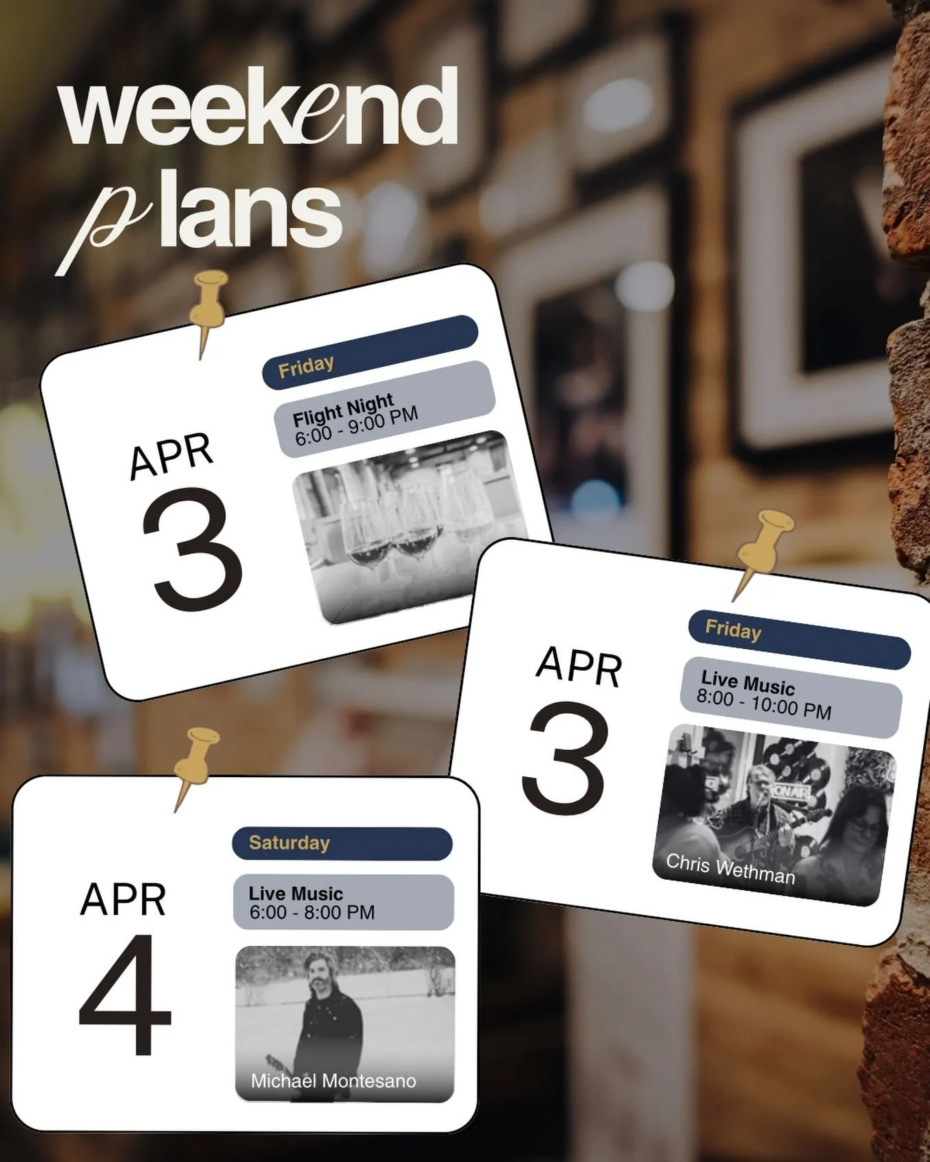 WEEKEND PLANS

Friday (4/3)
Flight Night | 6&ndash;9PM
Live Music with Chris Wethman | 8&ndash;10PM

Saturday (4/4)
LoCali Live with Michael Montesano | 6&ndash;8PM

Wine flowing. Music going. Vibes exactly where they should be. Join us. 

 #enjoyloc