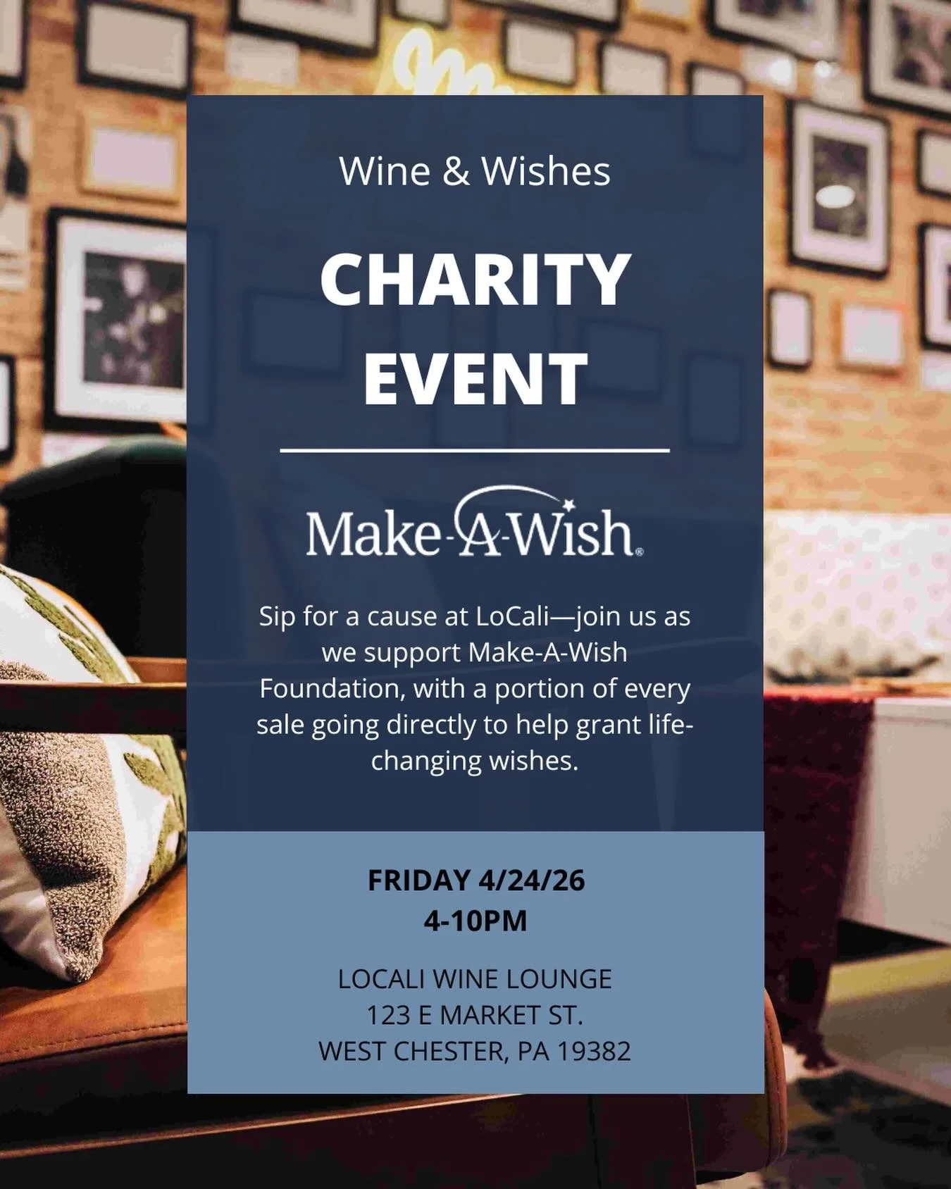 WINE &amp; WISHES

We&rsquo;re raising a glass for a great cause&mdash;join us in supporting @makeawishphl, with a portion of all sales going directly toward granting life-changing wishes.

Great wine. Great people. Even better reason to stop in.

📍