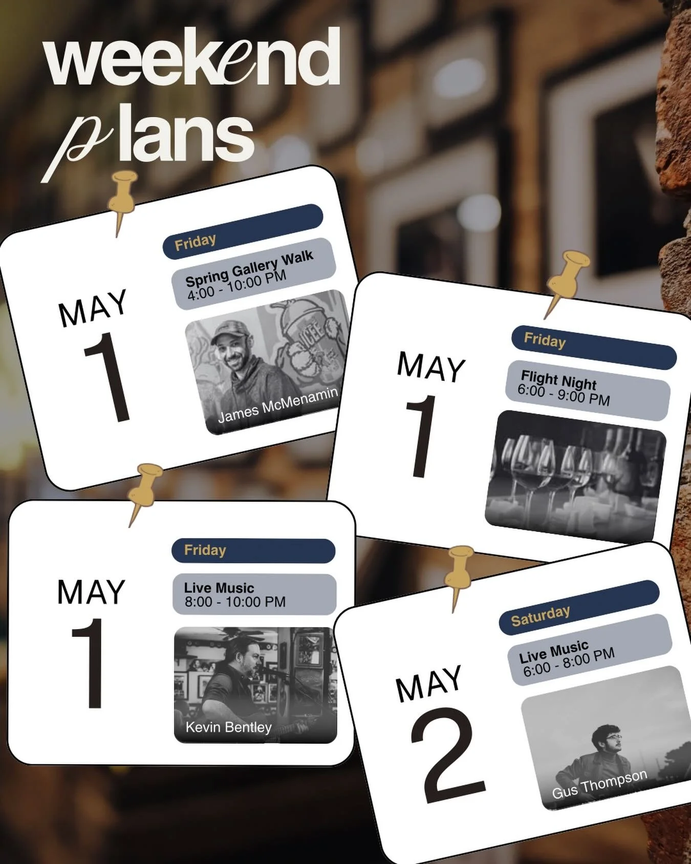 WEEKEND PLANS

Big weekend at LoCali with a jam packed couple days of events. 

TONIGHT:
&bull; Spring Gallery Walk
&bull; Artist in Residence Launch (@glossblack )
&bull; Flight Night (6-9PM)
&bull; Live Music with @kevinroses (8&ndash;10PM)

TOMORR