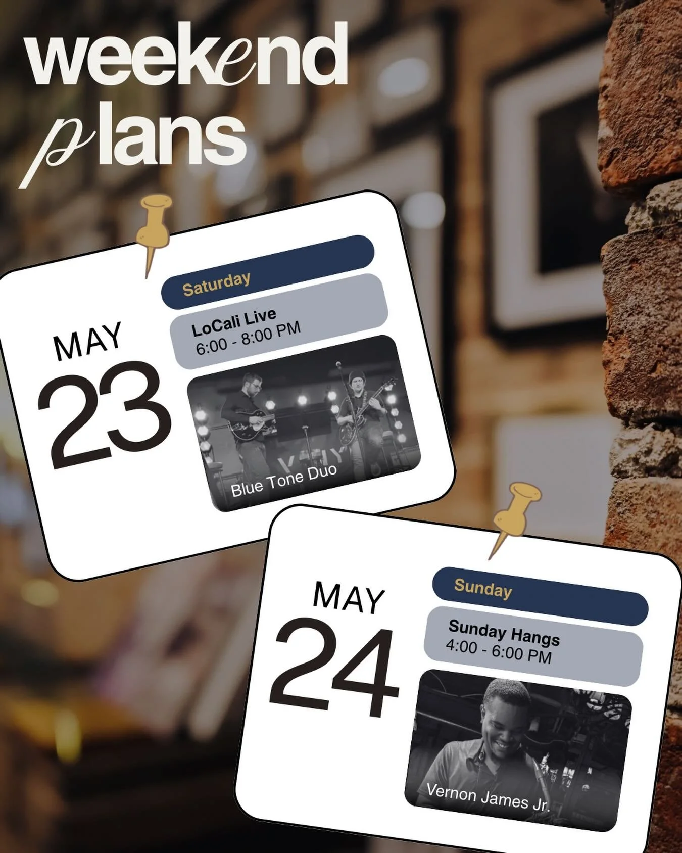JAZZ WEEKEND

We&rsquo;re keeping the momentum going that started with the Songwriter Showcase last weekend, rolled into an awesome open mic on Thursday, and continues with back-to-back jazz performances this weekend. 

Tonight &mdash; Saturday 5/23 