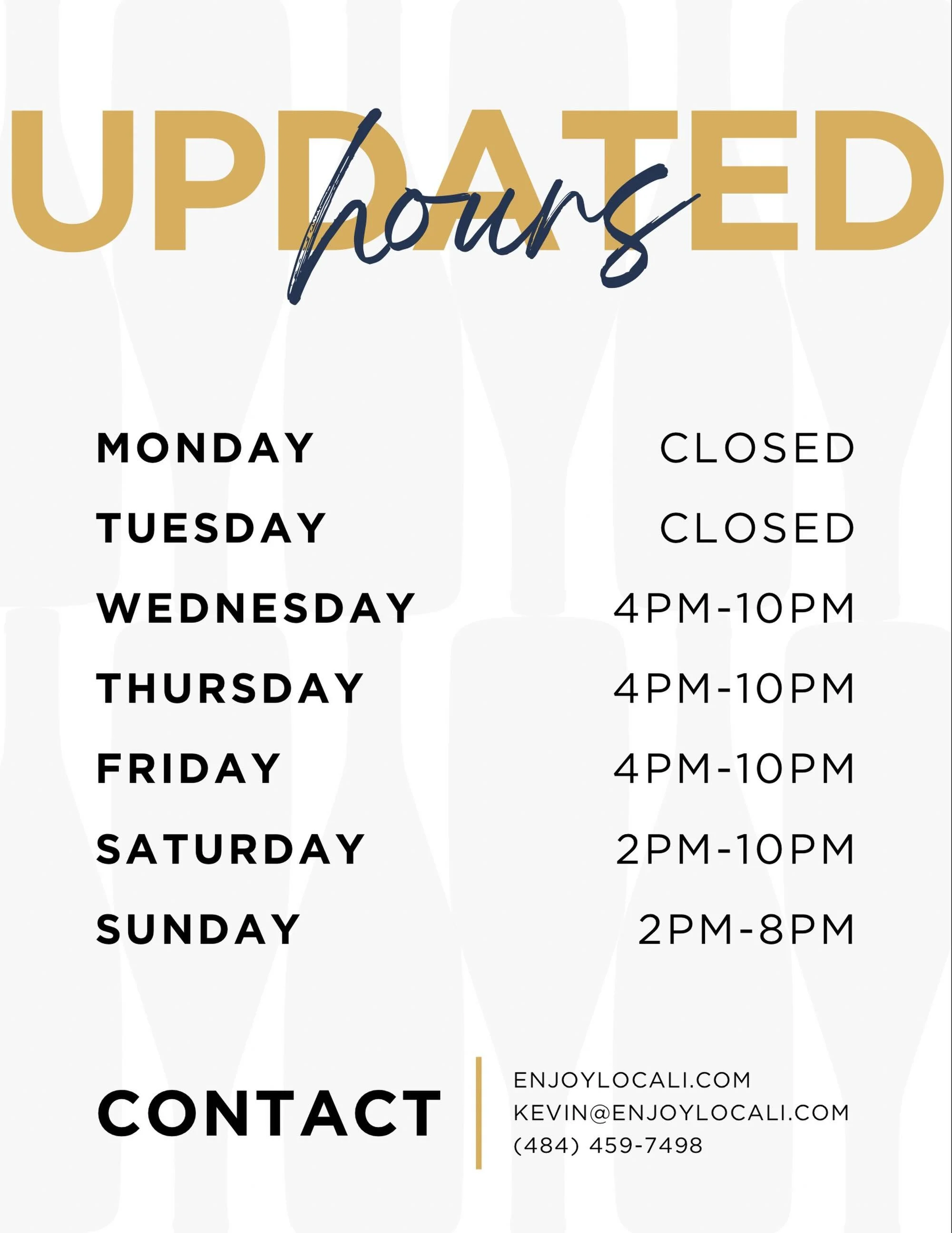 UPDATED HOURS
We&rsquo;re expanding hours and adding Wednesdays to the mix starting THIS WEEK.

NEW HOURS
Wednesday: 4&ndash;10 PM
Thursday: 4&ndash;10 PM
Friday: 4&ndash;10 PM
Saturday: 2&ndash;10 PM
Sunday: 2&ndash;8 PM

And tomorrow marks our very
