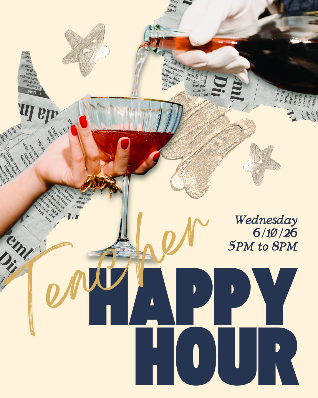 Graphic promoting a happy hour for teachers in west chester, pa