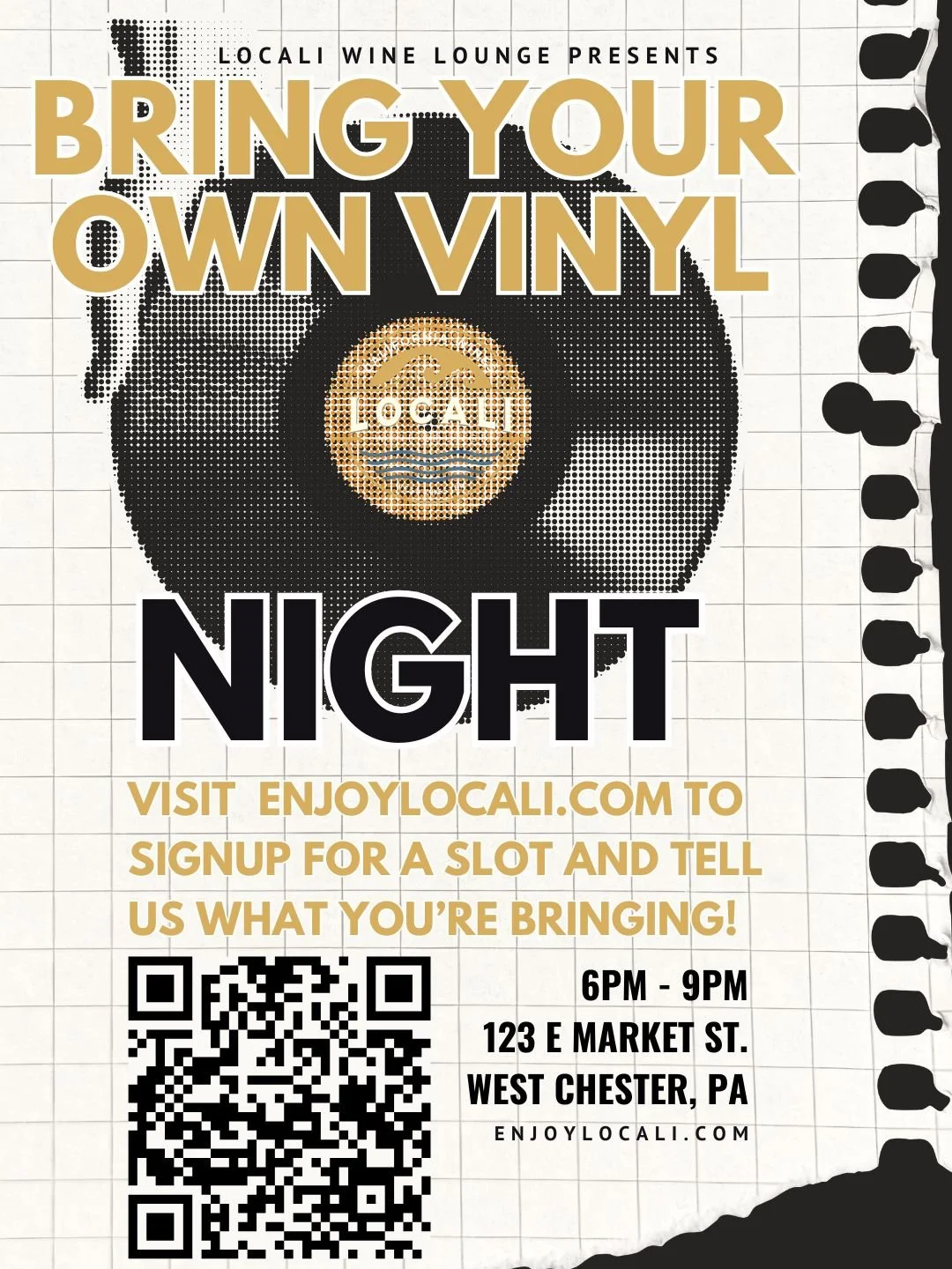 poster promoting vinyl night at locali in west chester