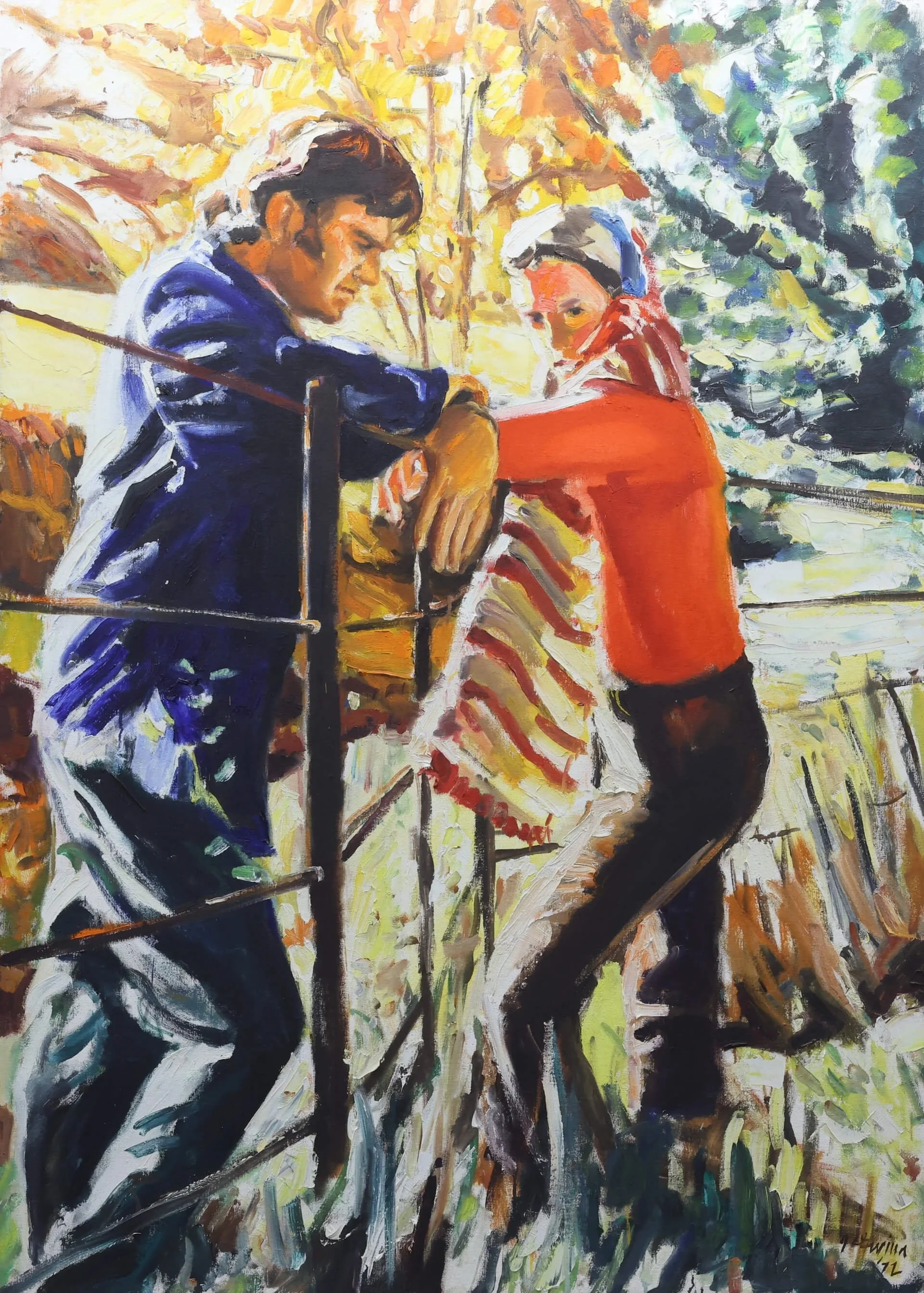 Painting by John Gwinn showing two people at a fence