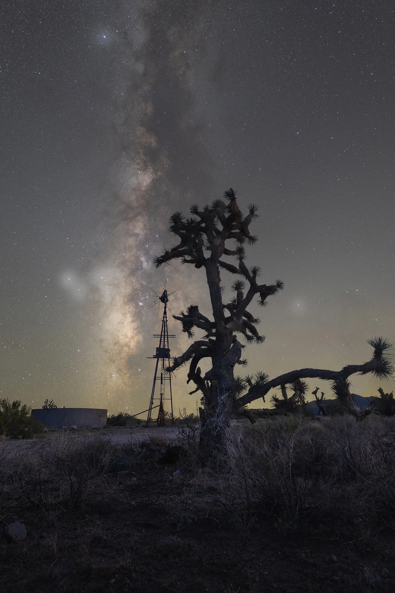 A desert landscape at night with a joshua tree, a radio tower, a water tank, and the Milky Way galaxy visible in the starry sky.