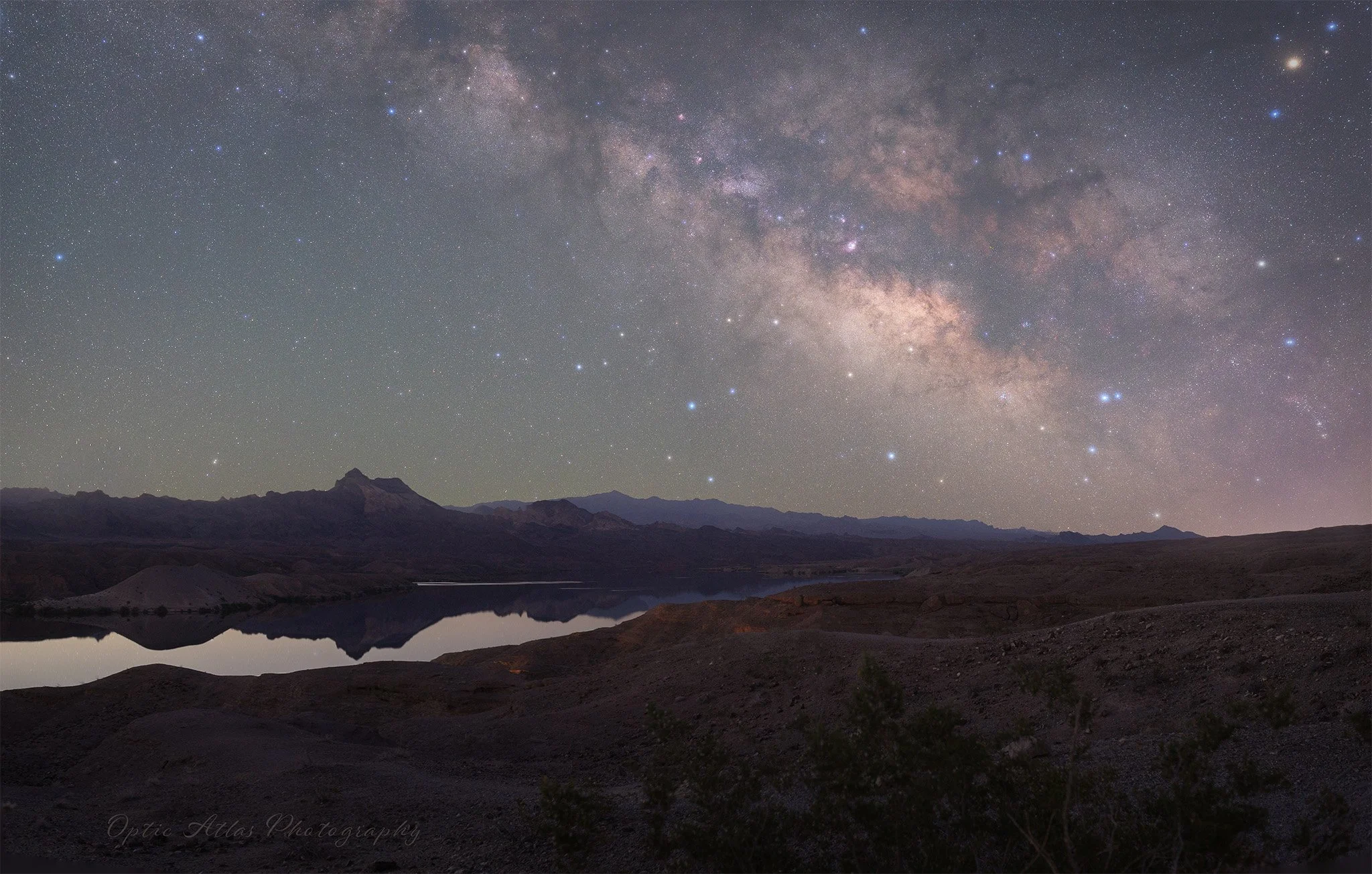 A Summer horizontal Milky Way band, and our galaxy's core, rising over the Colorado River.