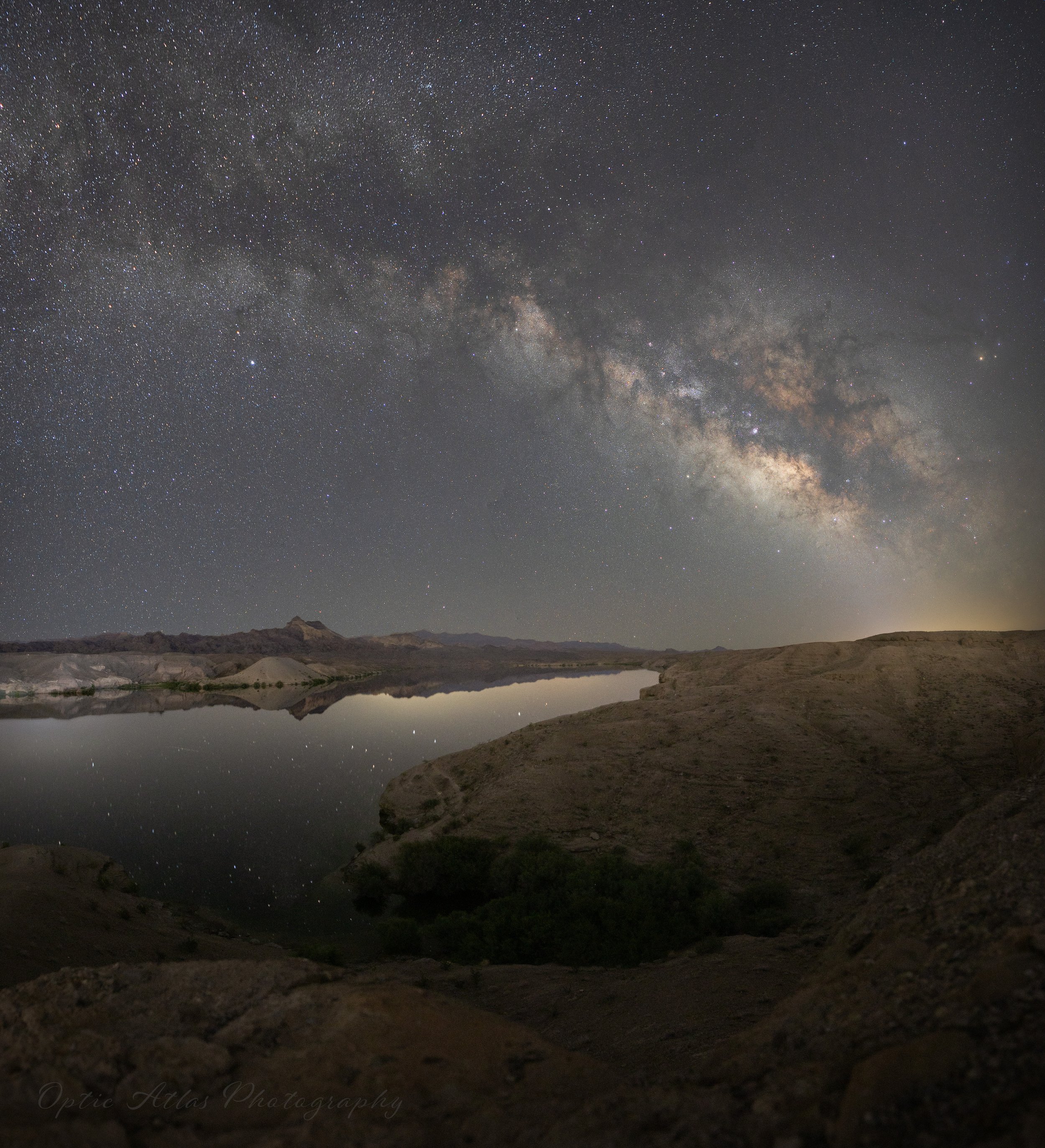 A Summer horizontal Milky Way band, and our galaxy's core, rising over the Colorado River.