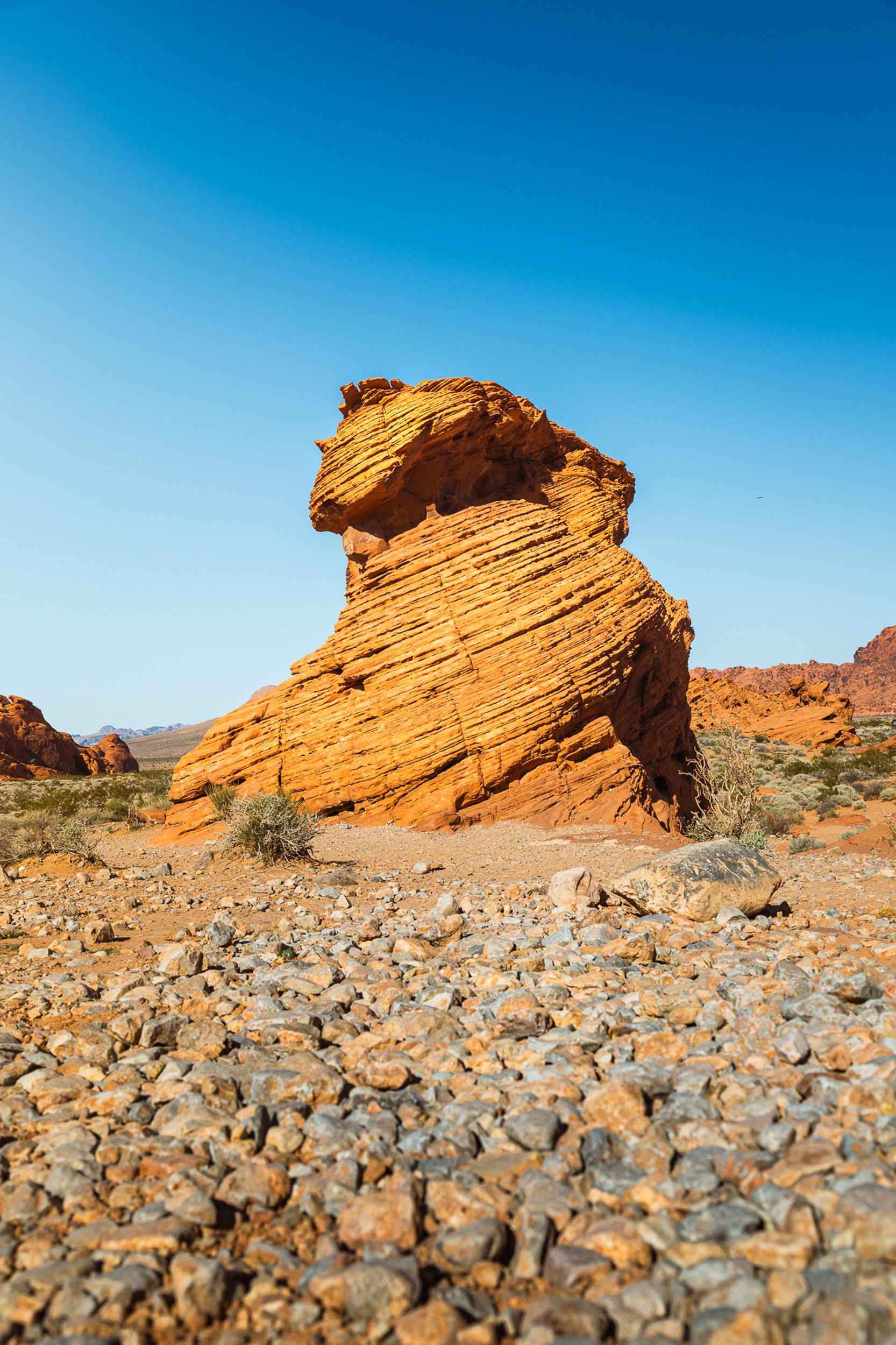 A large, uniquely shaped reddish-orange rock formation in a desert landscape with sparse vegetation, under a clear blue sky.