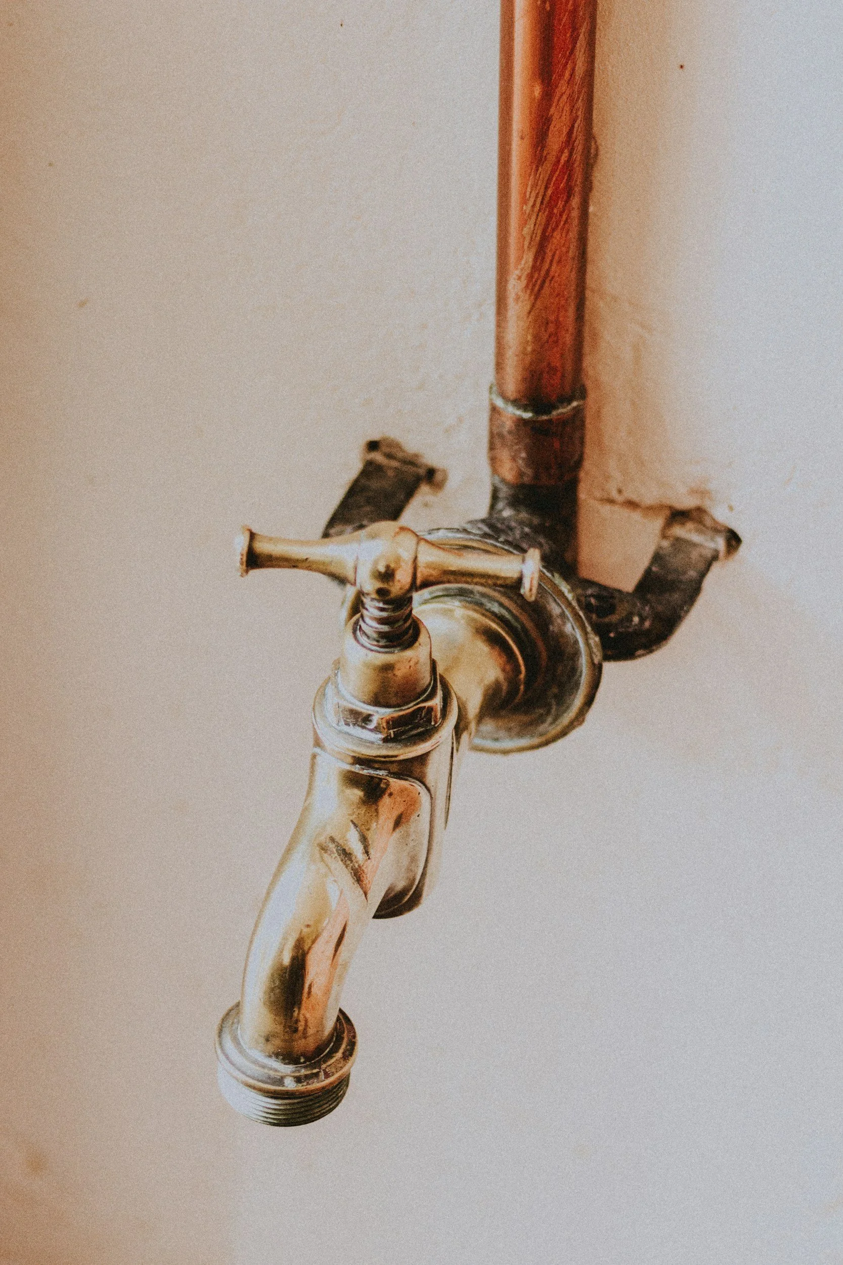 Close-up of a brass plumbing faucet attached to a wall with exposed pipes.